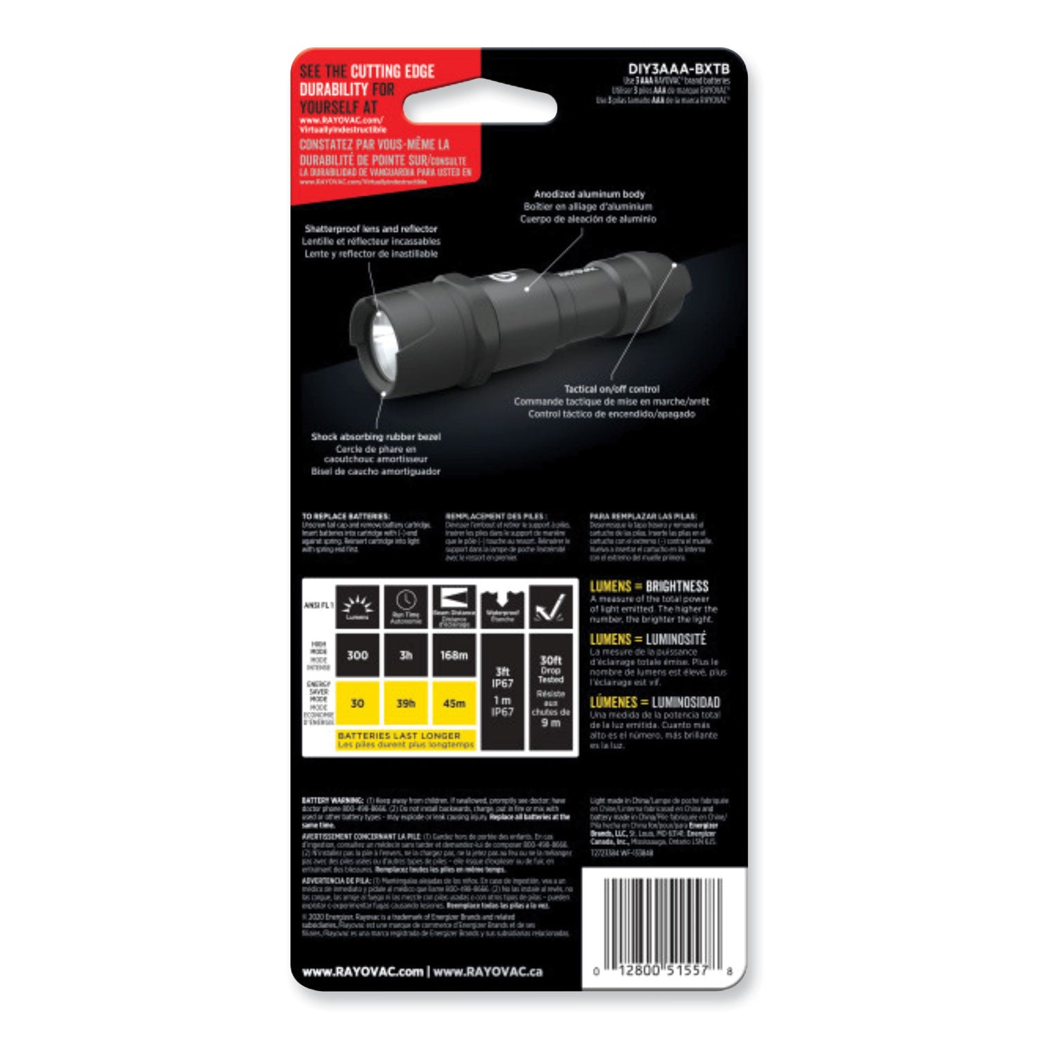 Rayovac® Virtually Indestructible LED Flashlight, 3 AAA Batteries (Included), Black