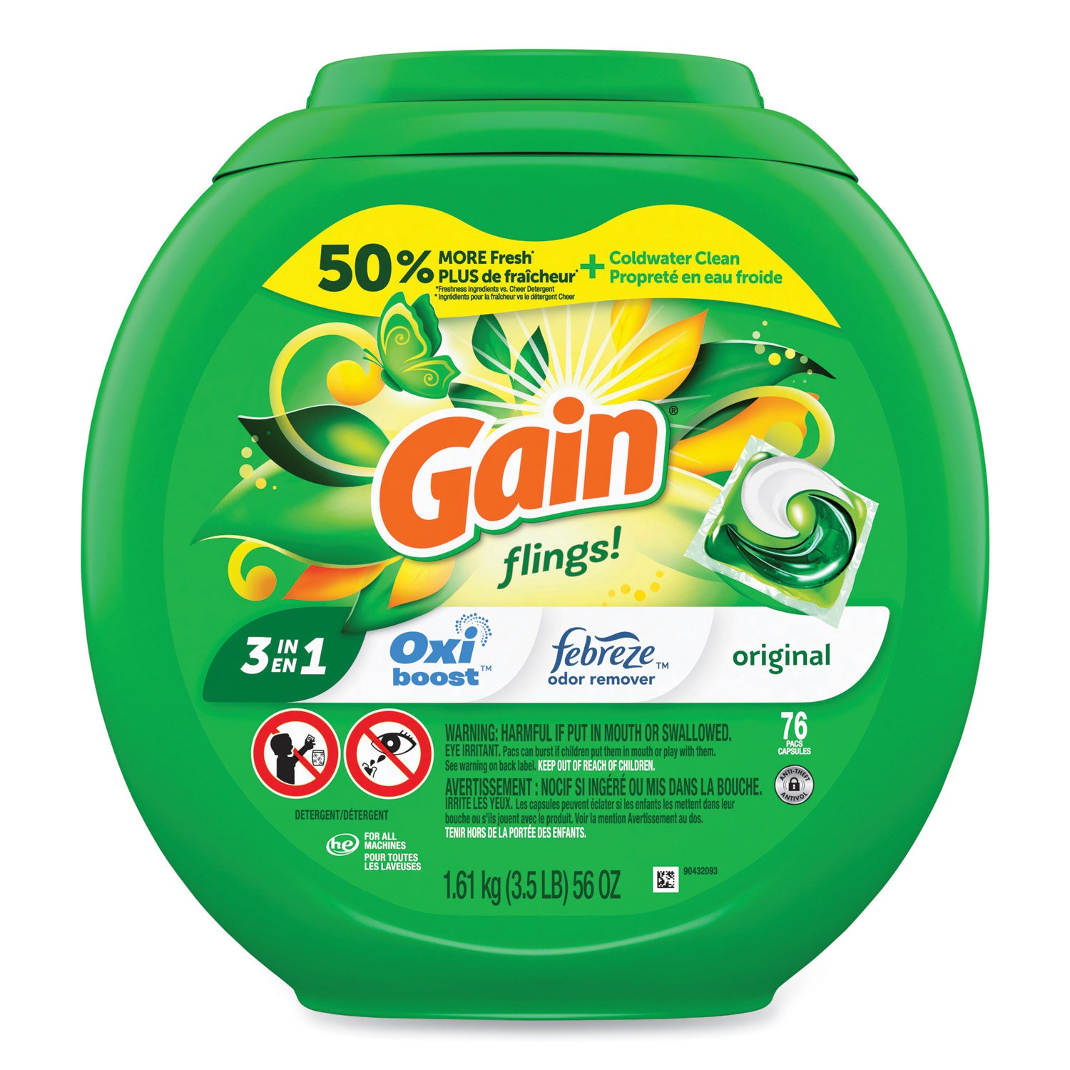 Gain® Flings Detergent Pods, Original, 76 Pods/Tub, 4 Tubs/Carton