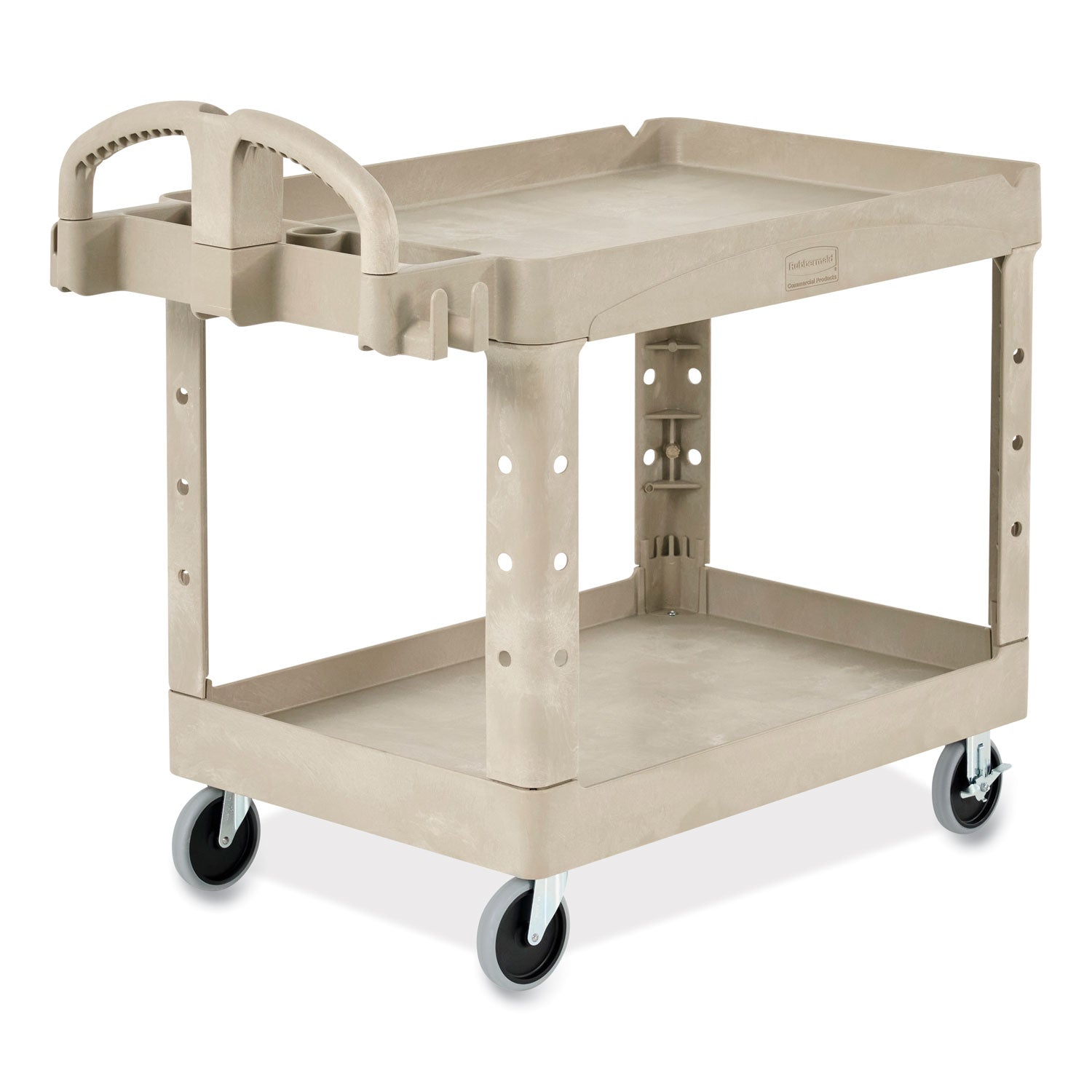 Rubbermaid® Commercial BRUTE Heavy-Duty Utility Cart with Lipped Shelves, Plastic, 2 Shelves, 500 lb Capacity, 25.9" x 45.2" x 32.2", Beige