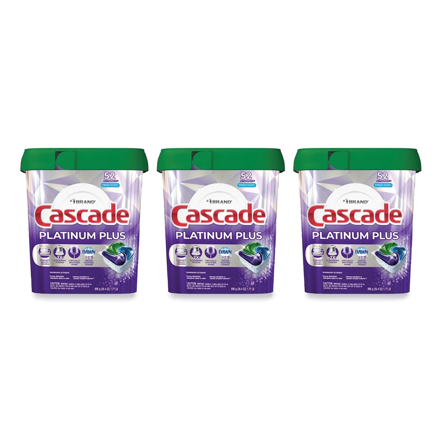 Cascade® Platinum Plus ActionPacs Dishwasher Detergent Pods, Fresh Scent, 28.4 oz Tub, 52/Tub, 3 Tubs/Carton