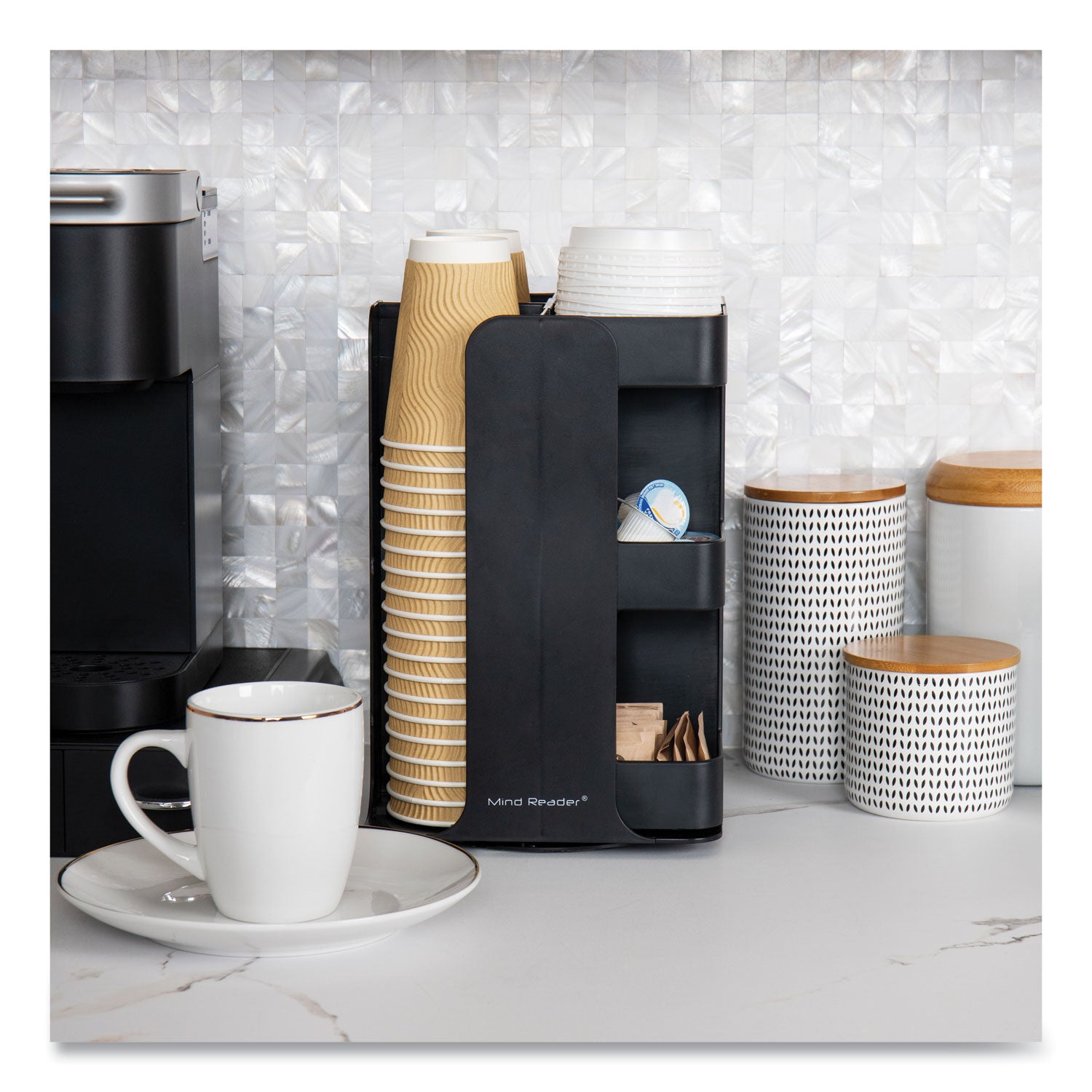 Mind Reader Anchor Collection 8-Compartment Coffee Cup, Lid, and Condiment Carousel Countertop Organizer, 8 x 8 x 12, Black