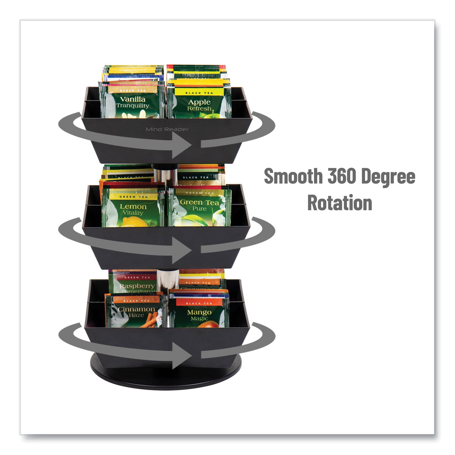 Mind Reader Anchor Collection 3-Tier 12-Compartment Tea and Condiment Carousel Countertop Organizer, 6.75 x 6.75 x 11.5, Black