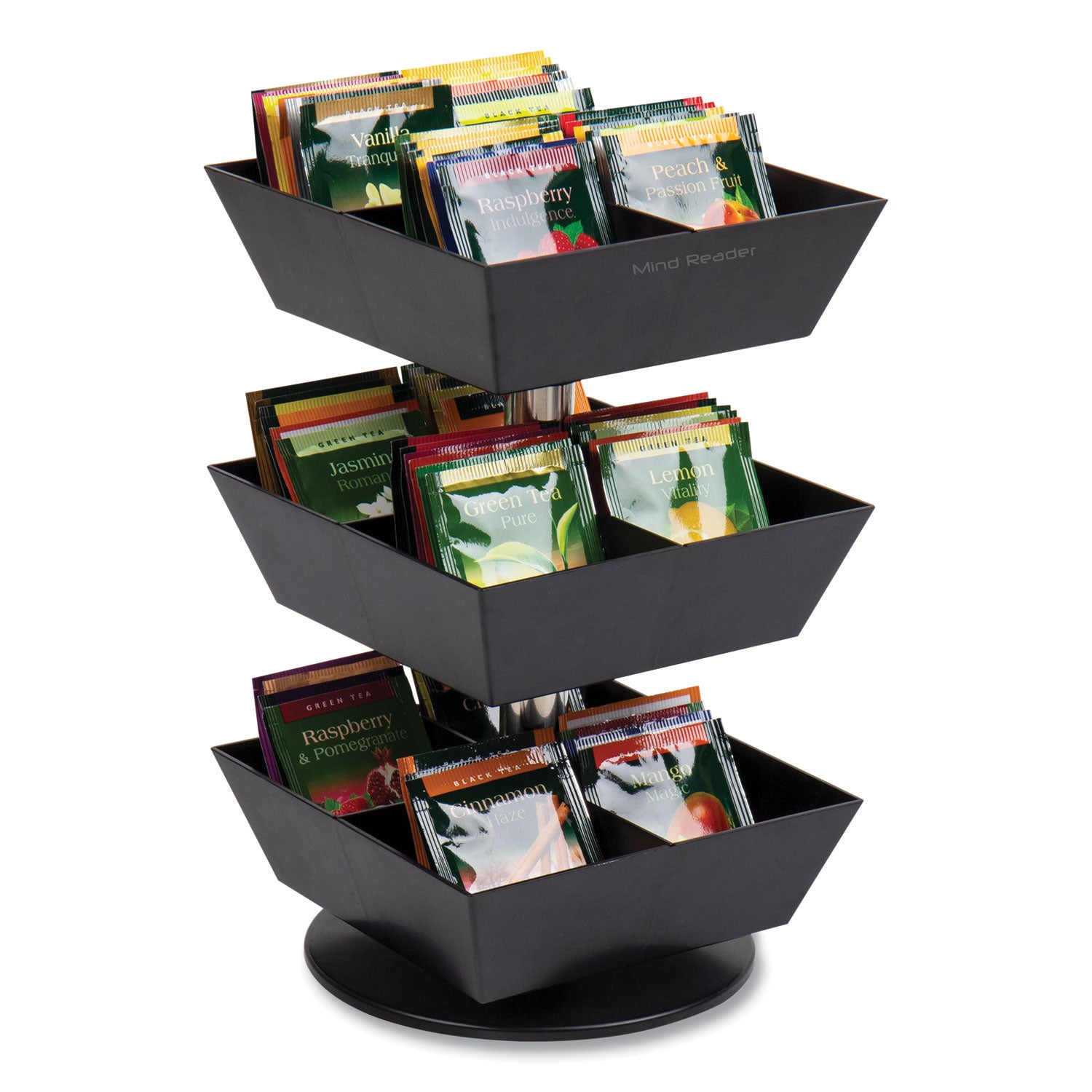 Mind Reader Anchor Collection 3-Tier 12-Compartment Tea and Condiment Carousel Countertop Organizer, 6.75 x 6.75 x 11.5, Black