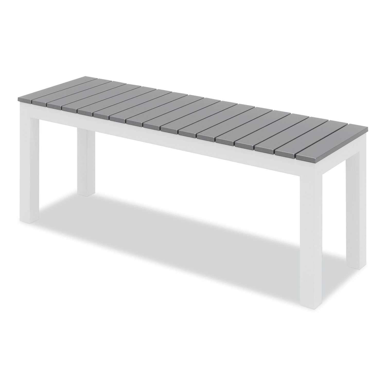 KFI Studios Eveleen Outdoor Dining Table Set, 55" x 35" x 29" Rectangular Table, 2 Benches, 2 Armchairs, Gray/White