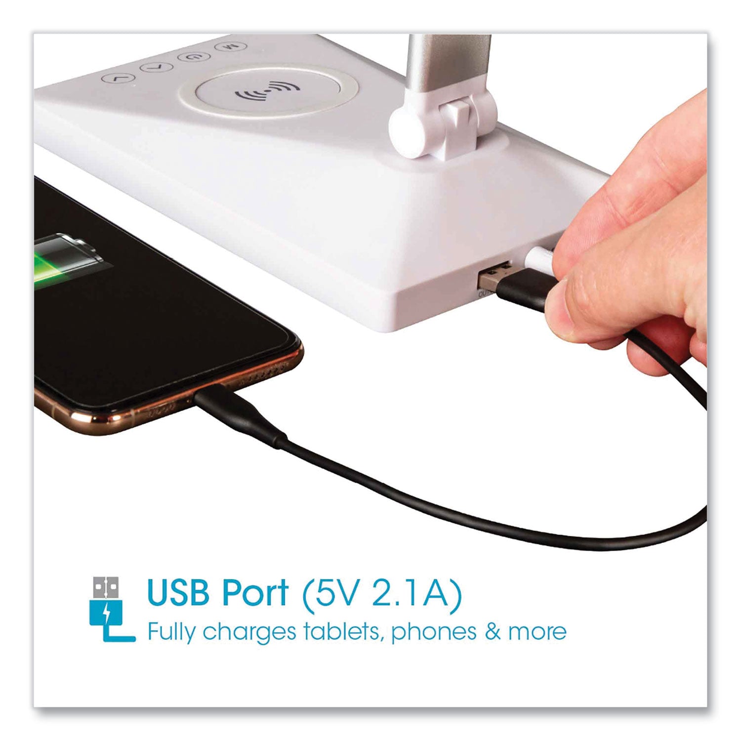 OttLite® Wellness Series Entice LED Desk Lamp with Wireless Charging, Silver Arm, 11" to 22" High, White