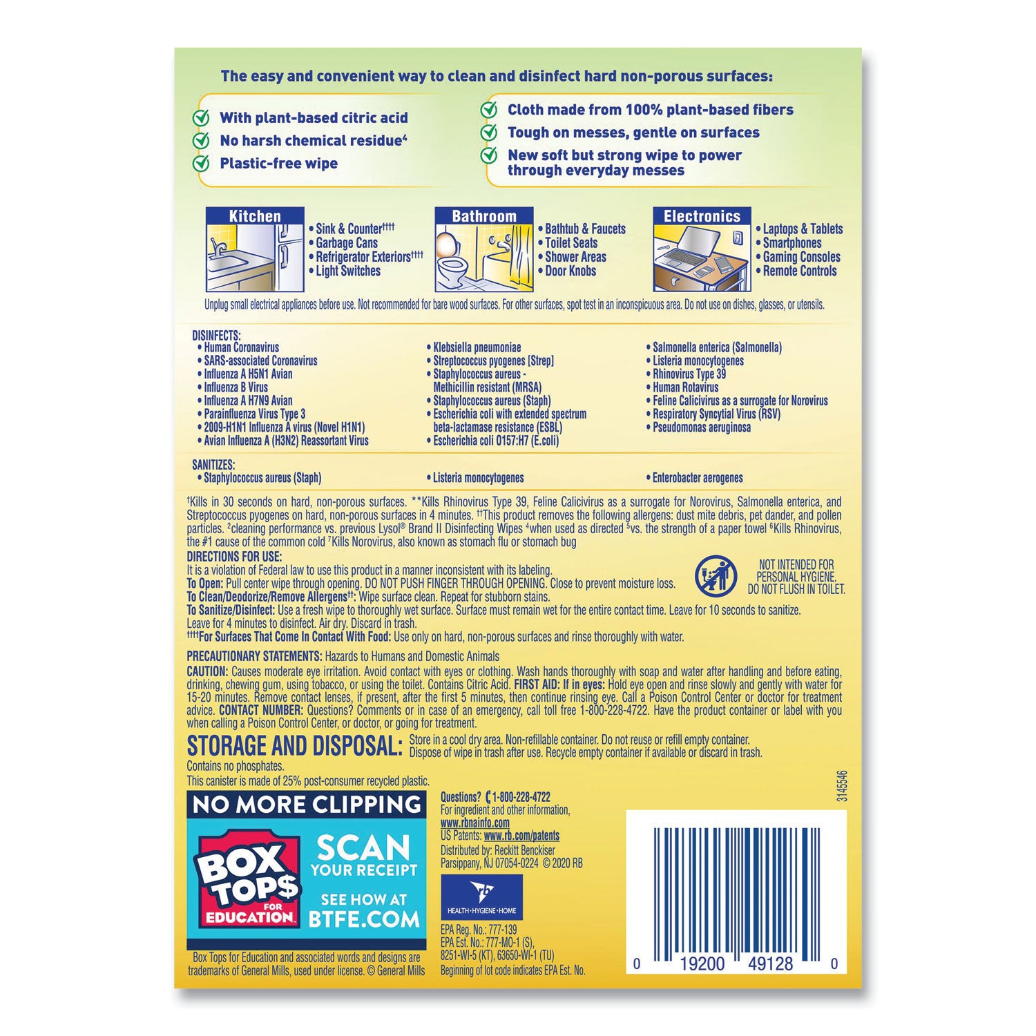 LYSOL® Brand Disinfecting Wipes II Fresh Citrus, 1-Ply, 7 x 7.25, White, 70 Wipes/Canister, 6 Canisters/Carton