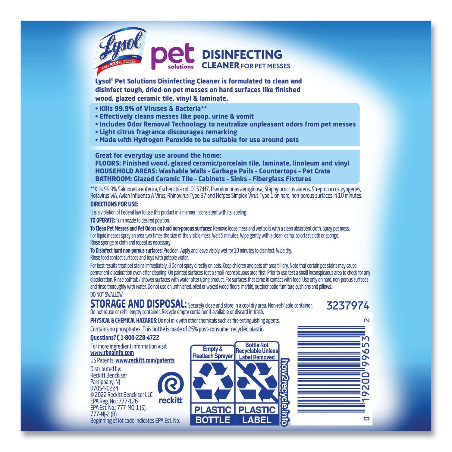 LYSOL® Brand Pet Solutions Disinfecting Cleaner, Citrus Blossom, 32 oz Trigger Bottle, 9/Carton