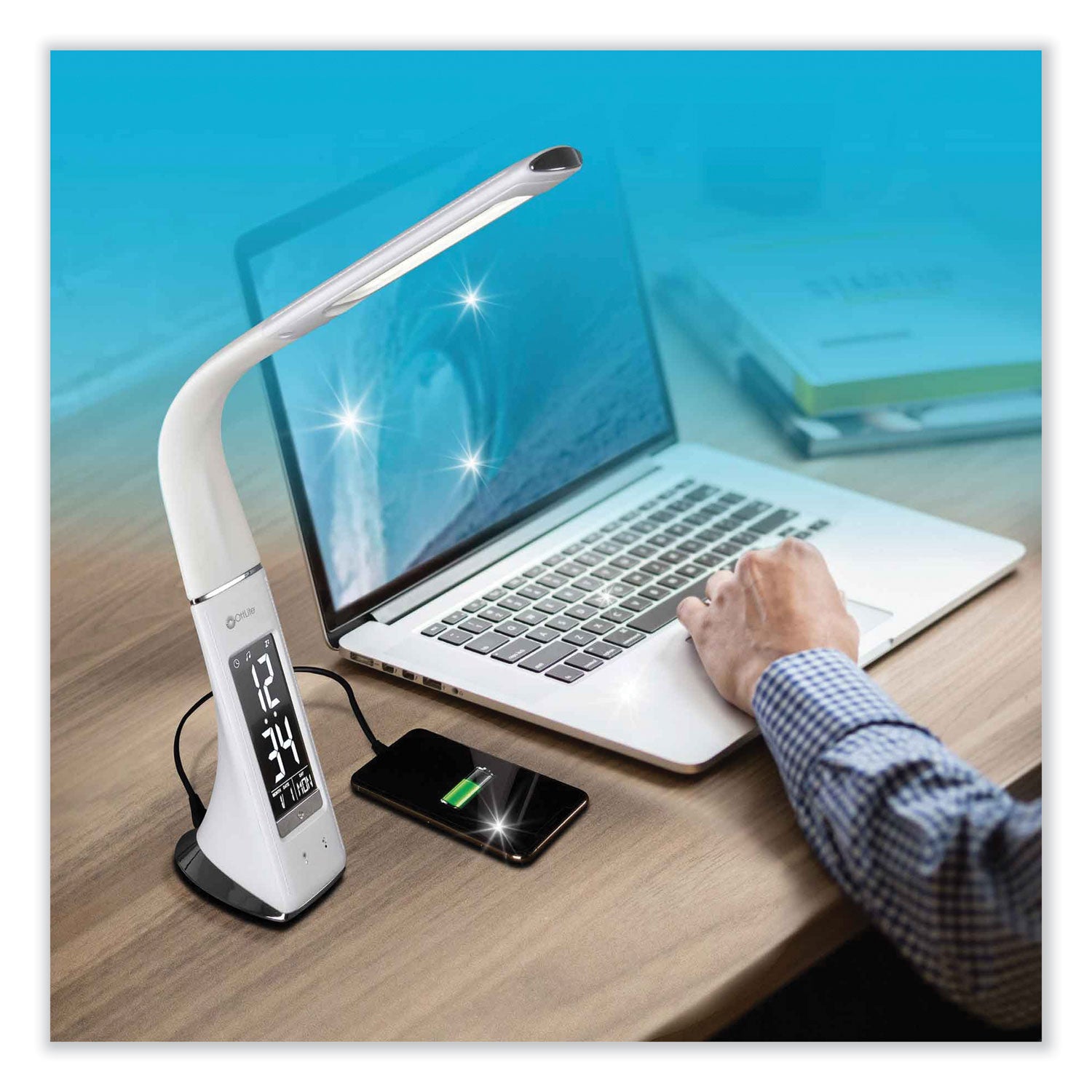 OttLite® Wellness Series Sanitizing Thrive LED Desk Lamp with Clock, 10" to 18.75", White