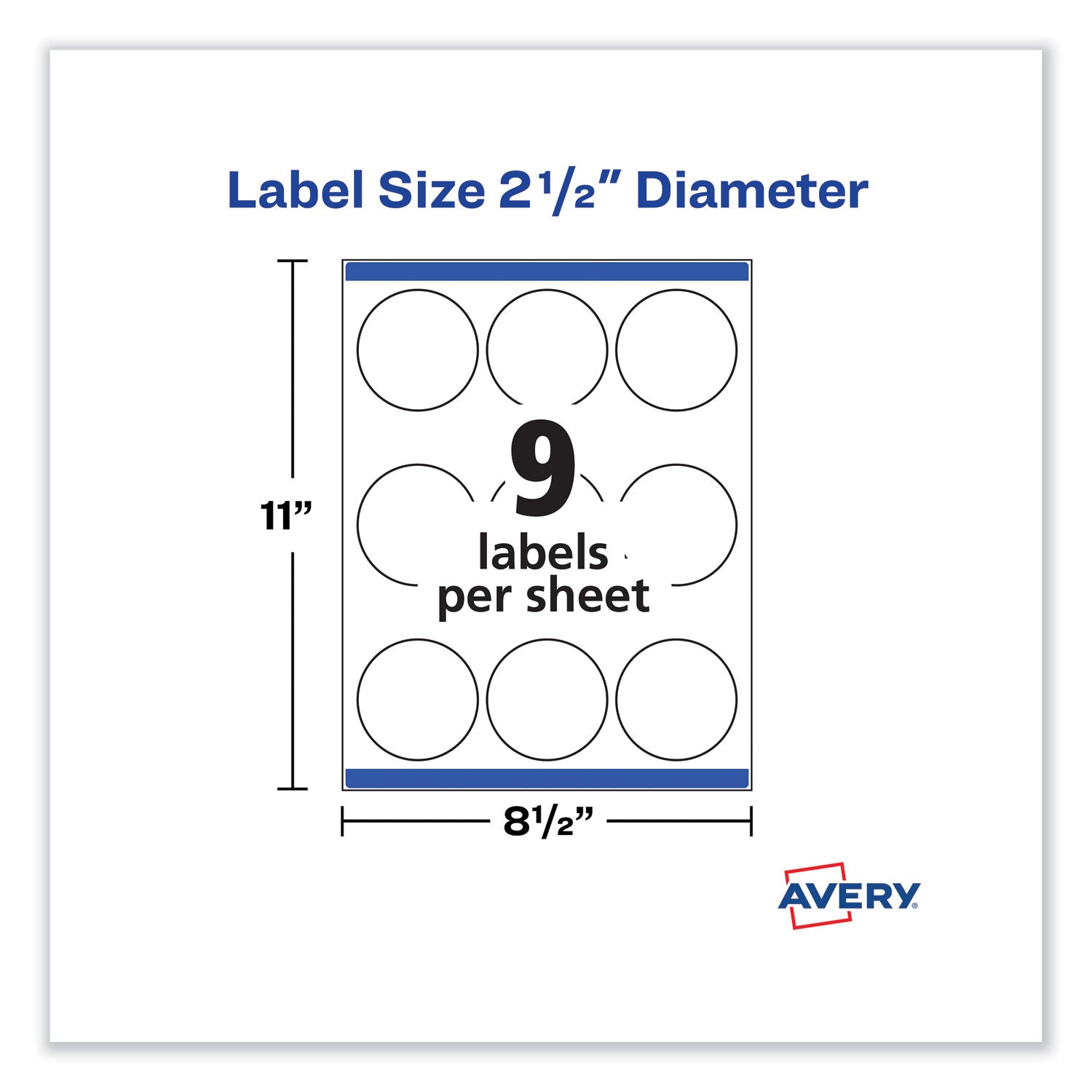 Avery® Laser/Inkjet Media Labels, Inkjet/Laser Printers, 2.5" dia, Matte White, 9 Labels/Sheet, 25 Sheets/Pack