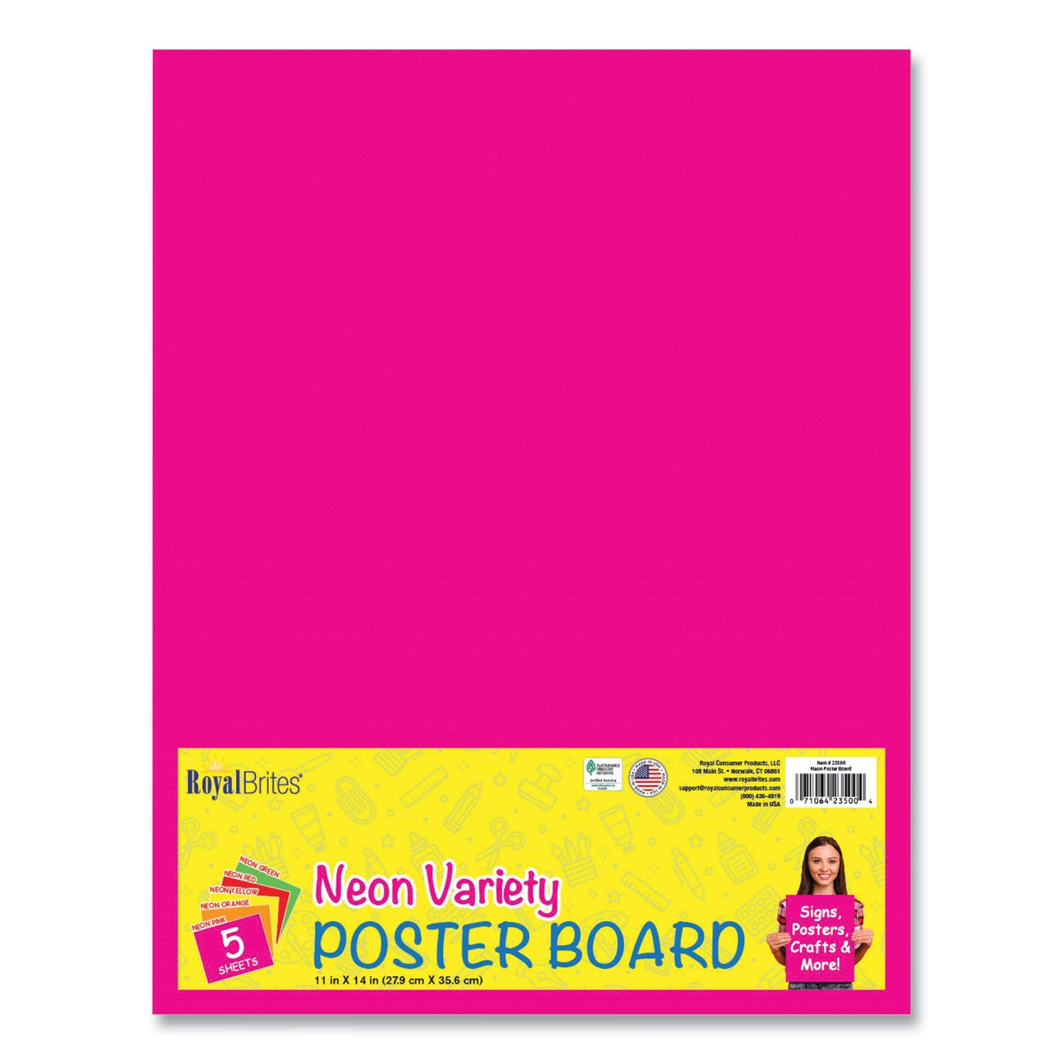 Royal Brites Premium Coated Poster Board, 11 x 14, Assorted Neon Colors, 5/Pack