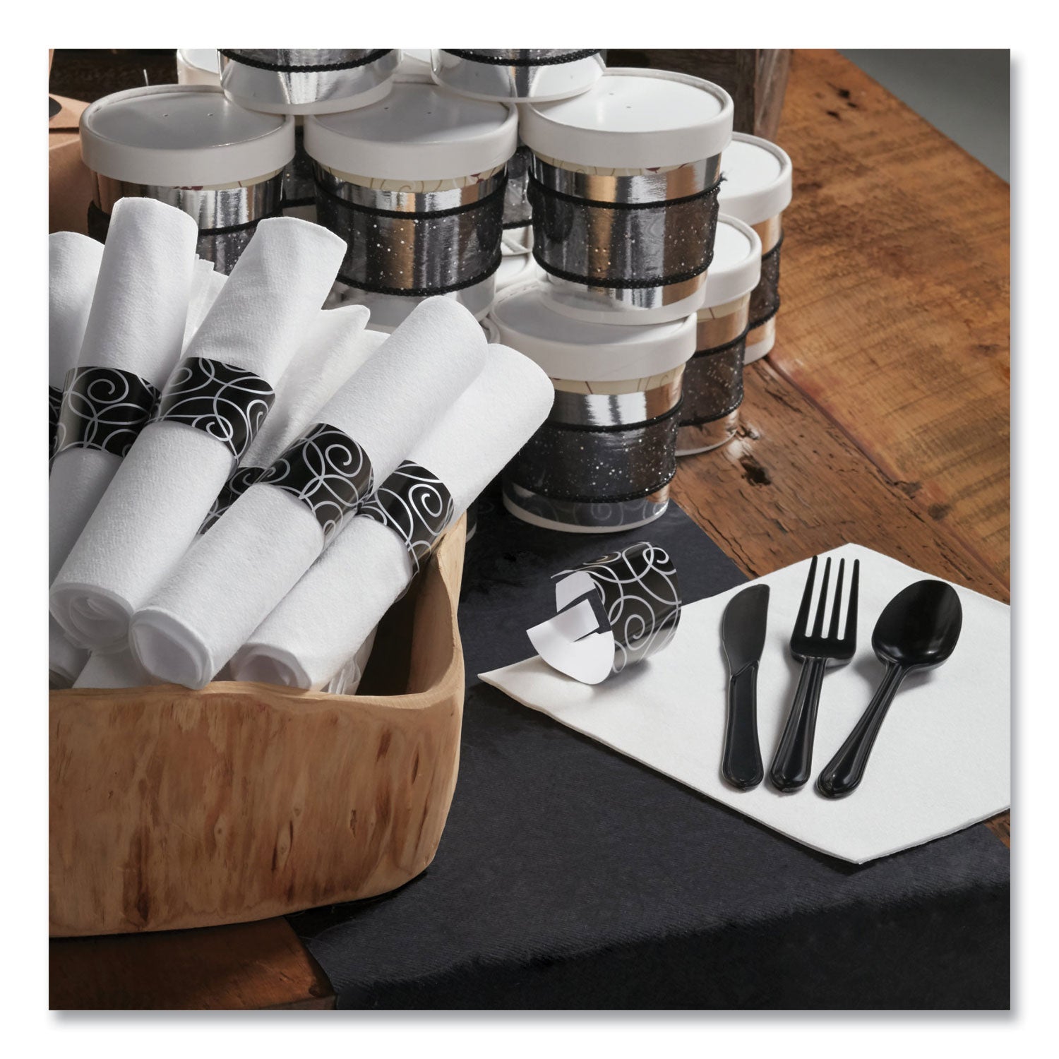 Hoffmaster® CaterWrap Heavyweight Cutlery Combo Kit, Fork/Knife/Napkin/Spoon, Plastic, Black, 100/Carton