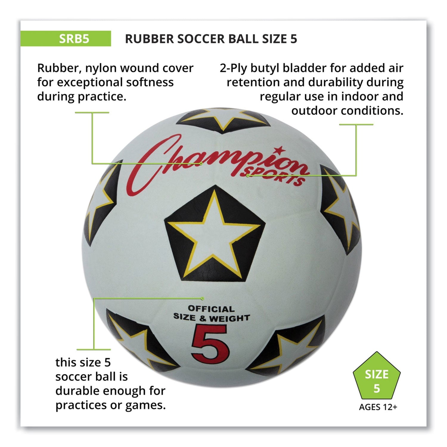 Champion Sports Rubber Sports Ball, For Soccer, No. 5 Size, White/black