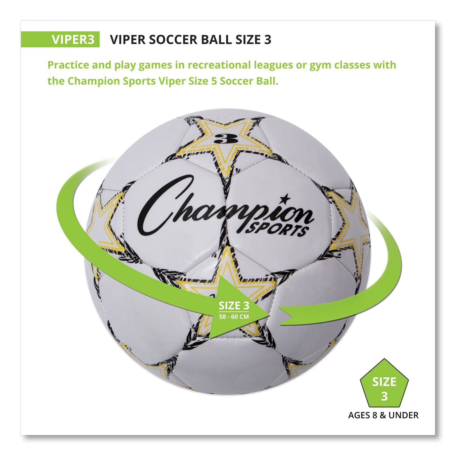 Champion Sports Viper Soccer Ball, No. 3 Size, 7.25" To 7.5" Diameter, White