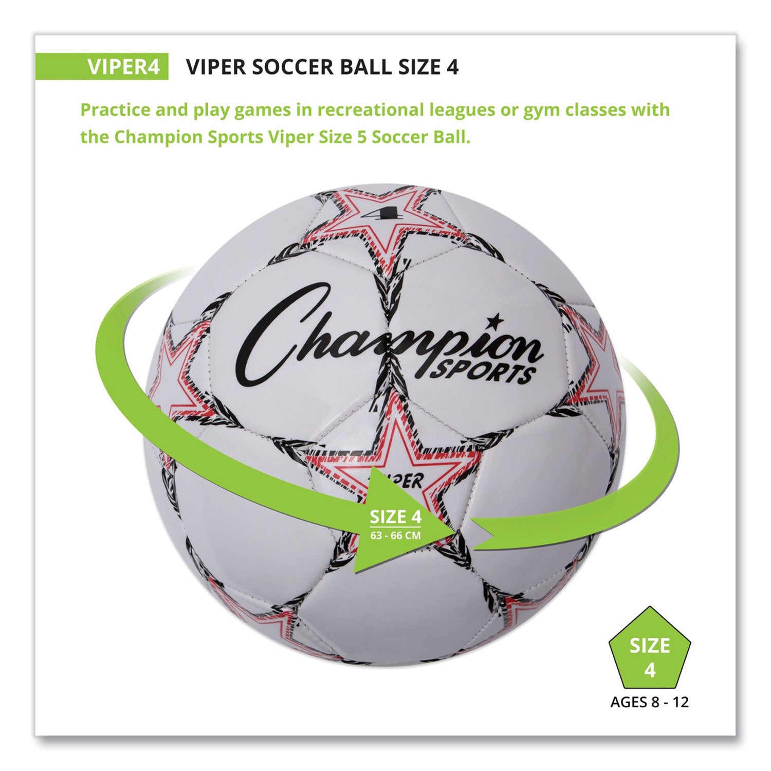Champion Sports Viper Soccer Ball, No. 4 Size, 8" To 8.25" Diameter, White