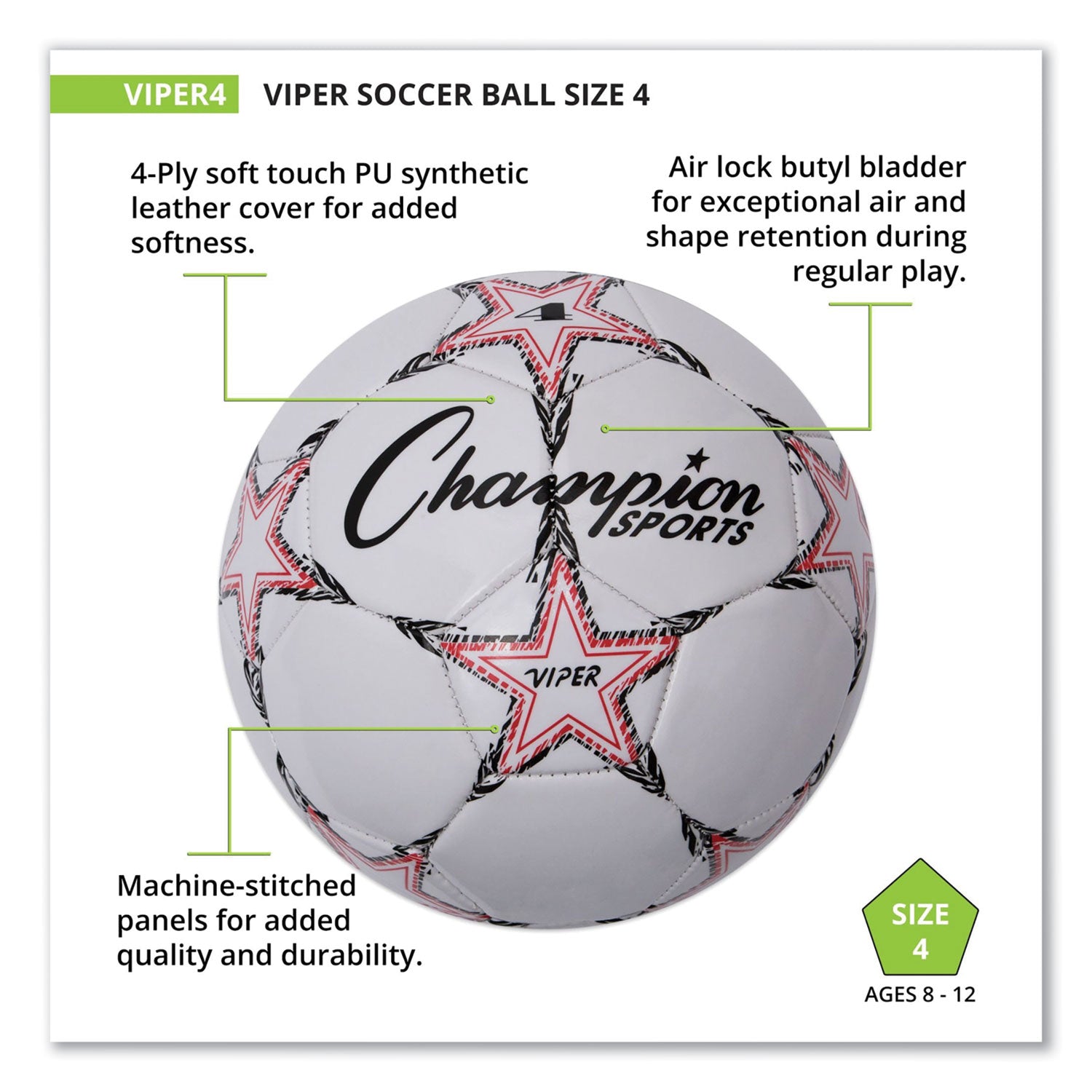 Champion Sports Viper Soccer Ball, No. 4 Size, 8" To 8.25" Diameter, White