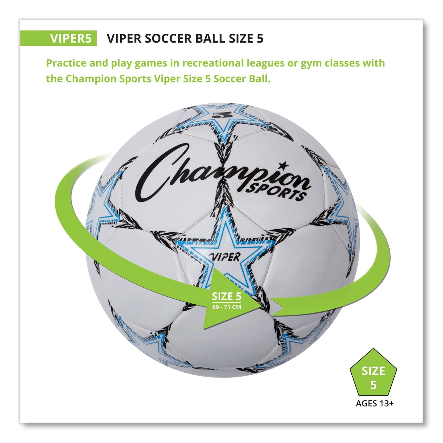 Champion Sports Viper Soccer Ball, No. 5. Size, 8.5" To 9" Diameter, White