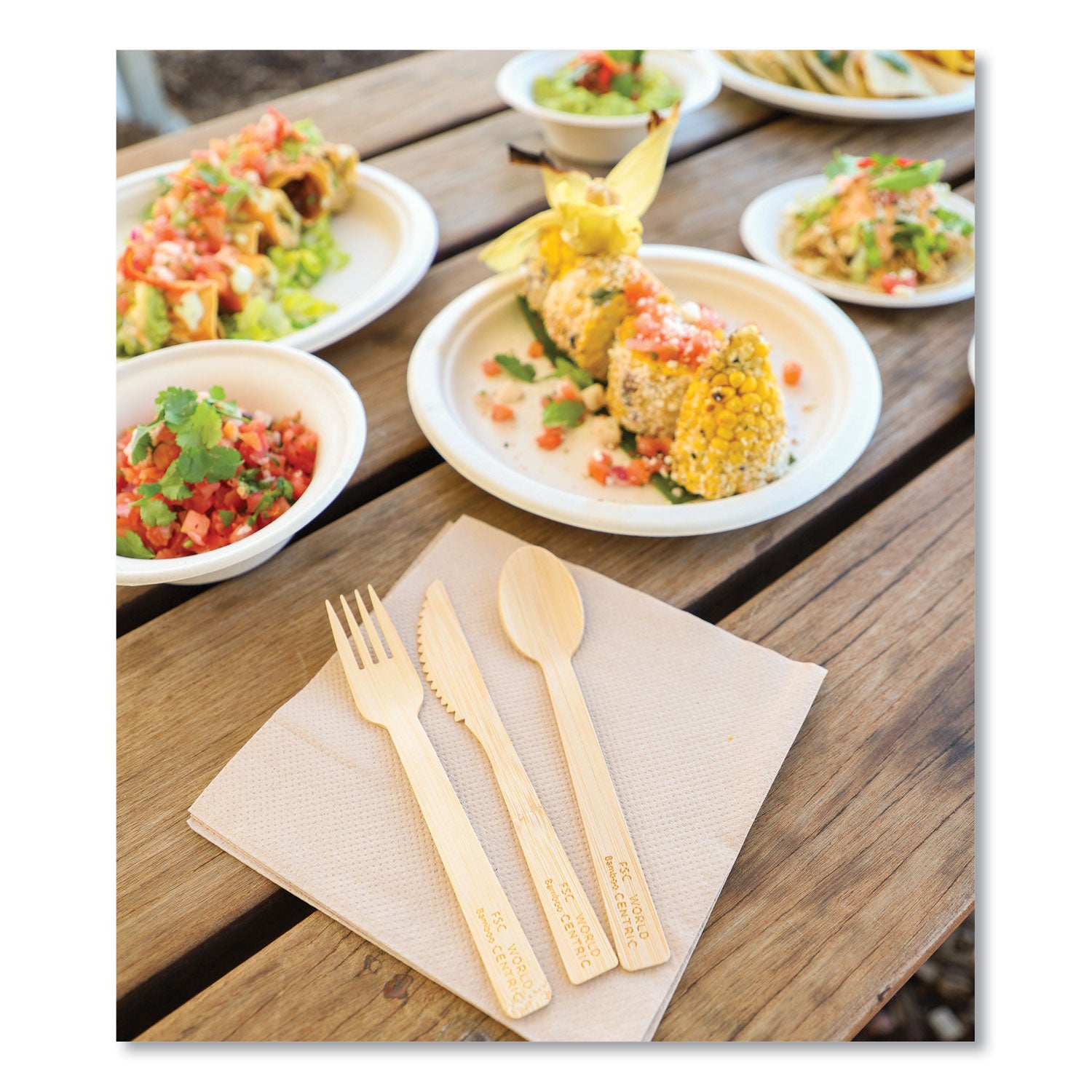 World Centric® Bamboo Cutlery, Fork/Knife/Napkin/Spoon, Paper, Natural, 250/Carton