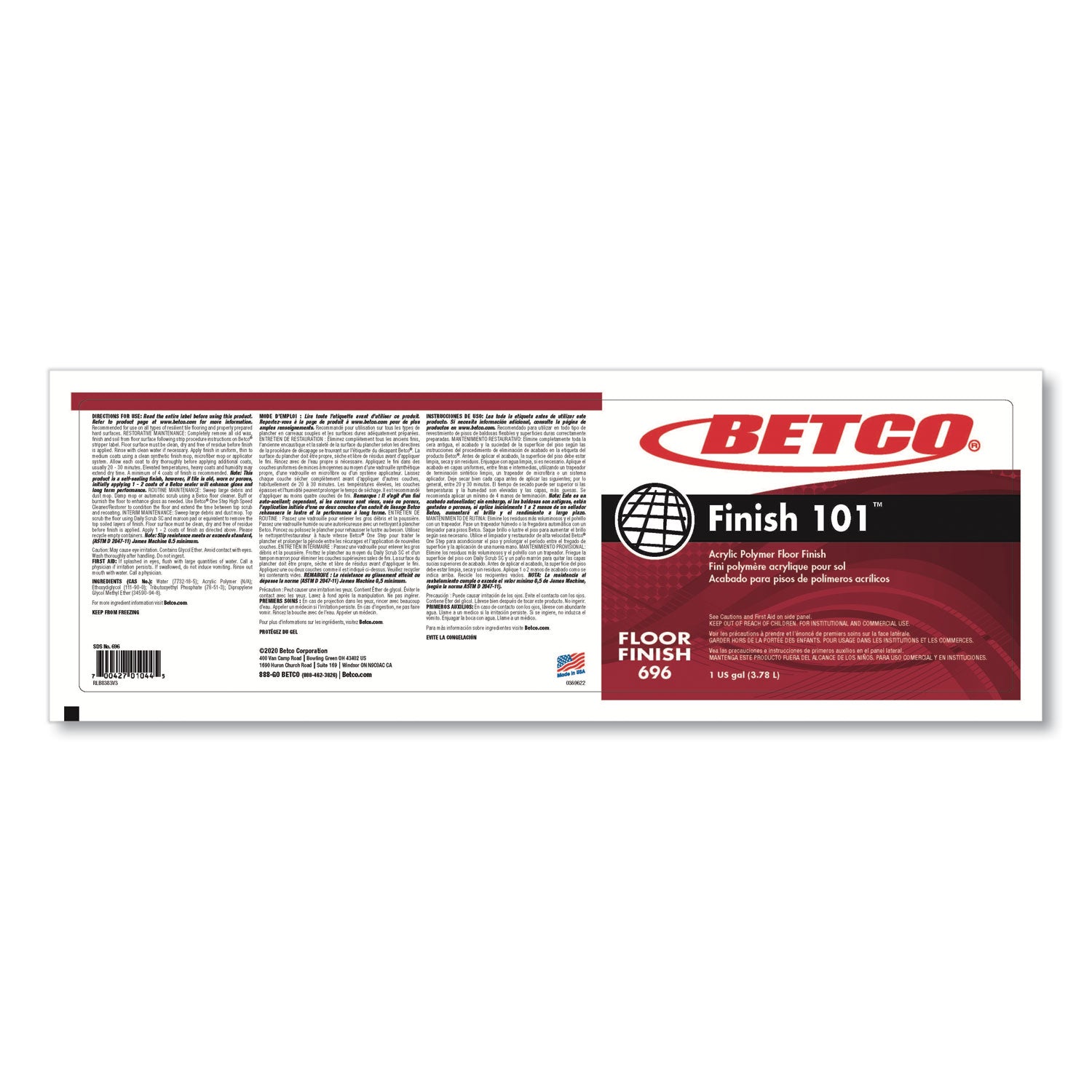 Betco® Finish 101 Floor Finish, 1 gal Bottle, 4/Carton