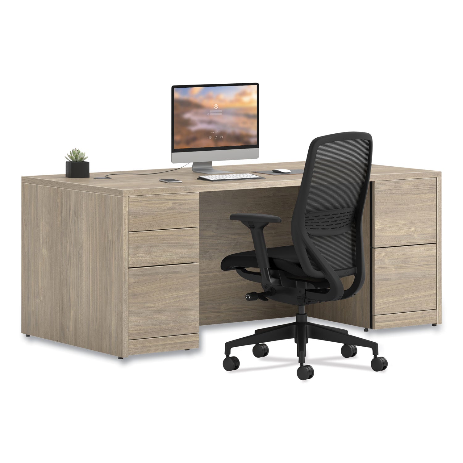 HON® 10500 Series Double Full-Height Pedestal Desk, Left: Box/Box/File, Right: File/File, 72" x 36" x 29.5", Kingswood Walnut