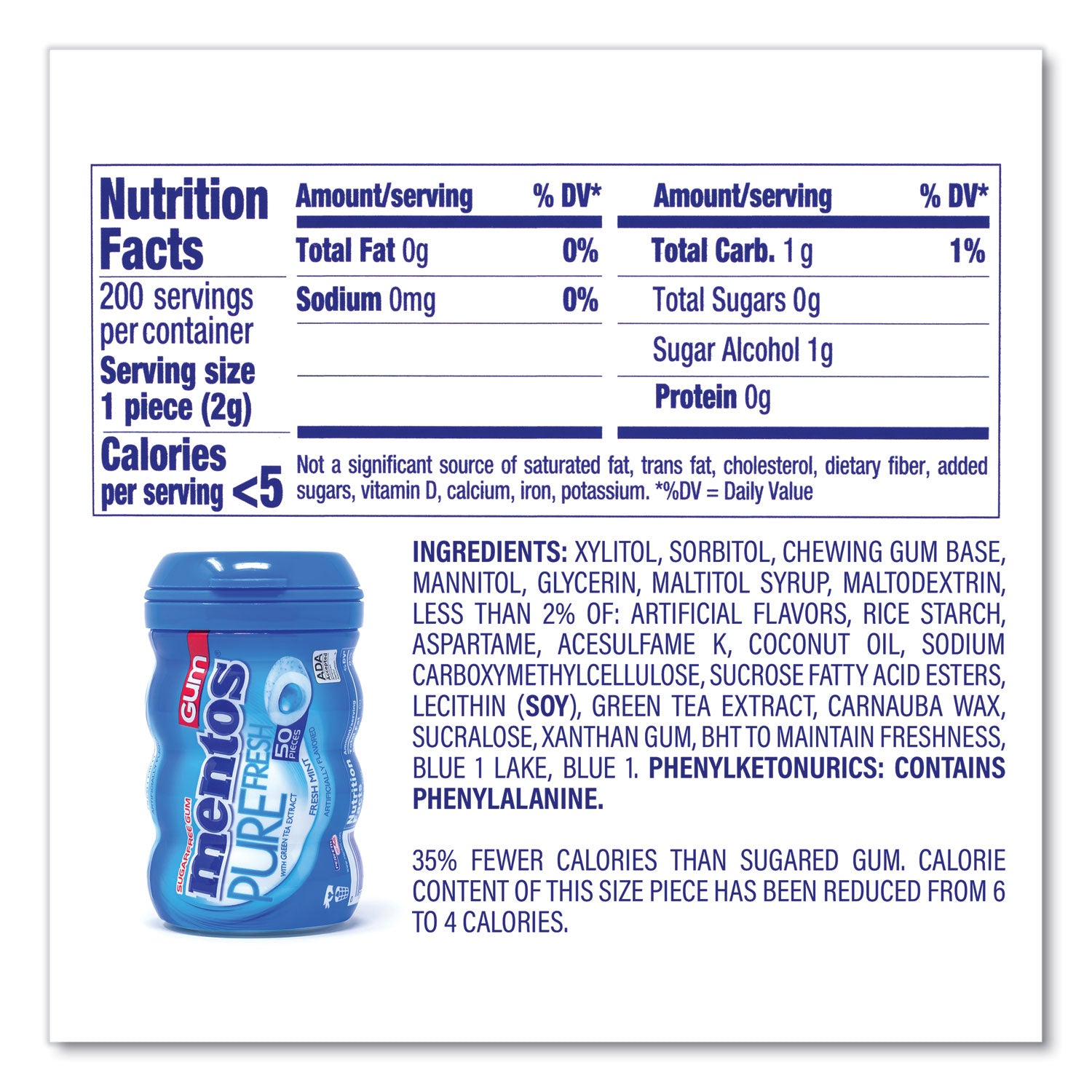 Mentos® Pure Fresh Gum Variety Pack, Fresh Mint/Spearmint, 50 Pieces/Bottle, 8 Bottles/Carton