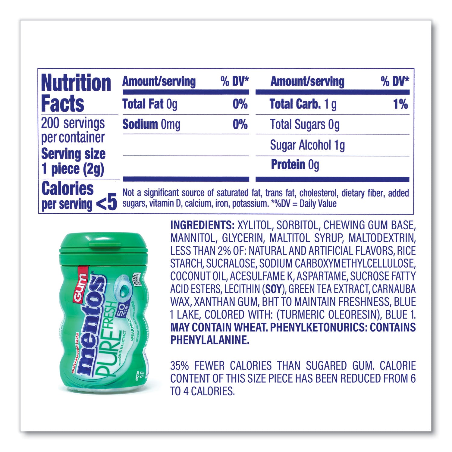 Mentos® Pure Fresh Gum Variety Pack, Fresh Mint/Spearmint, 50 Pieces/Bottle, 8 Bottles/Carton