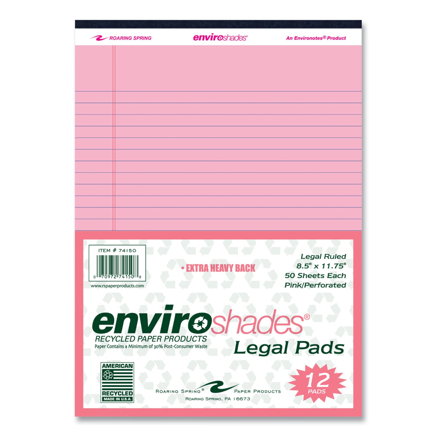 Roaring Spring® Enviroshades Legal Notepads, 50 Pink 8.5 x 11.75 Sheets, 36 Notepads/Carton