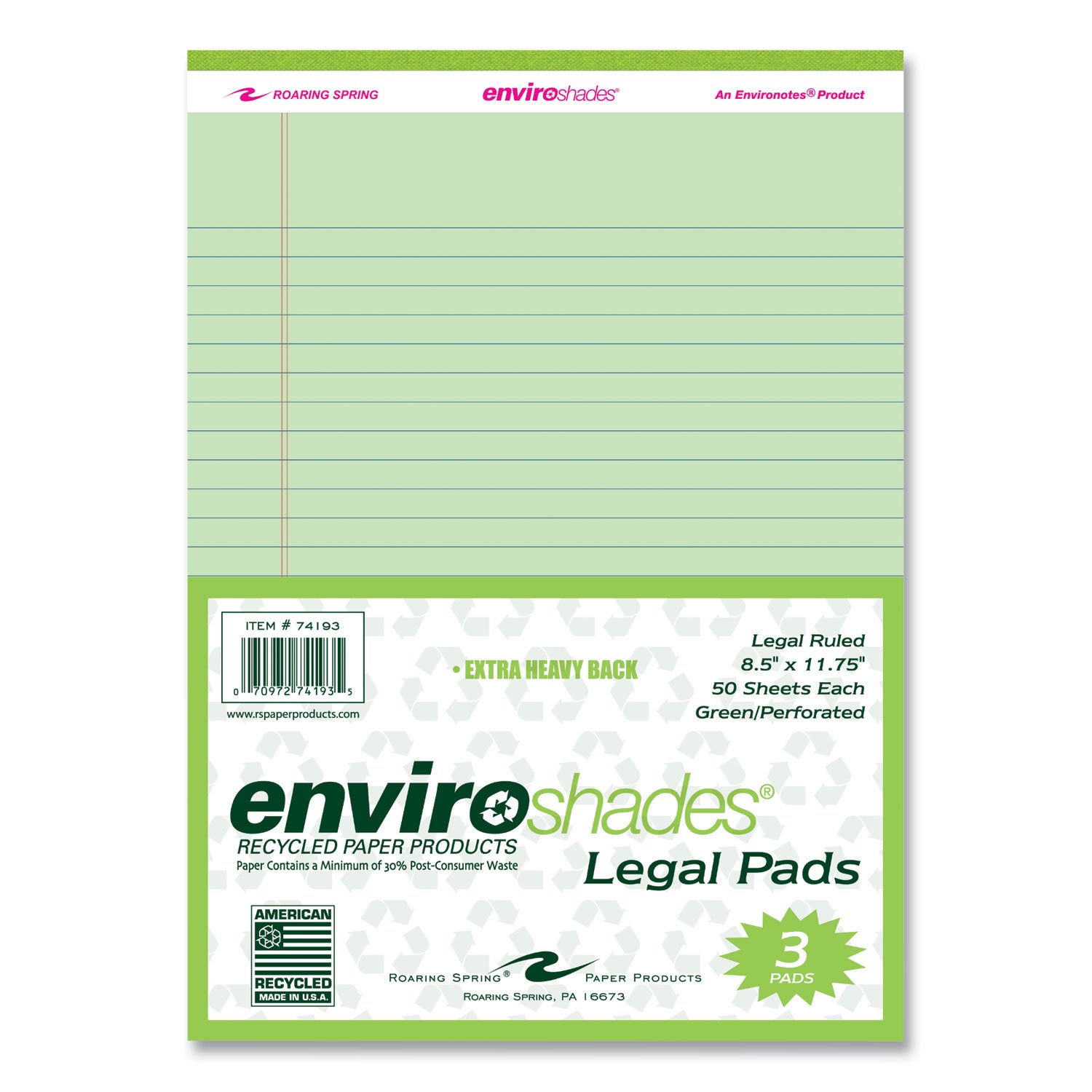 Roaring Spring® Enviroshades Legal Notepads, 50 Green 8.5 x 11.75 Sheets, 72 Notepads/Carton