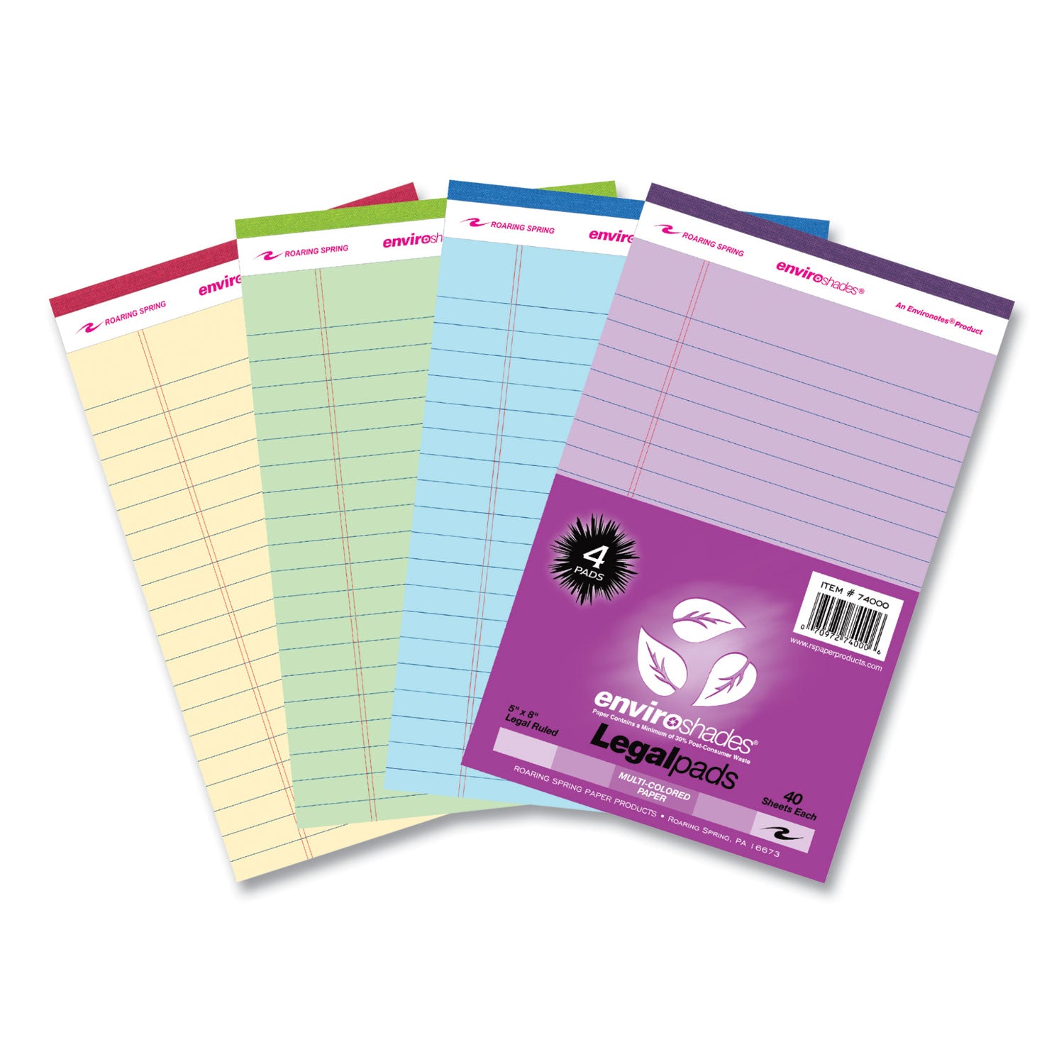 Roaring Spring® Enviroshades Legal Notepads, 40 Assorted 5 x 8 Sheets, 72 Notepads/Carton