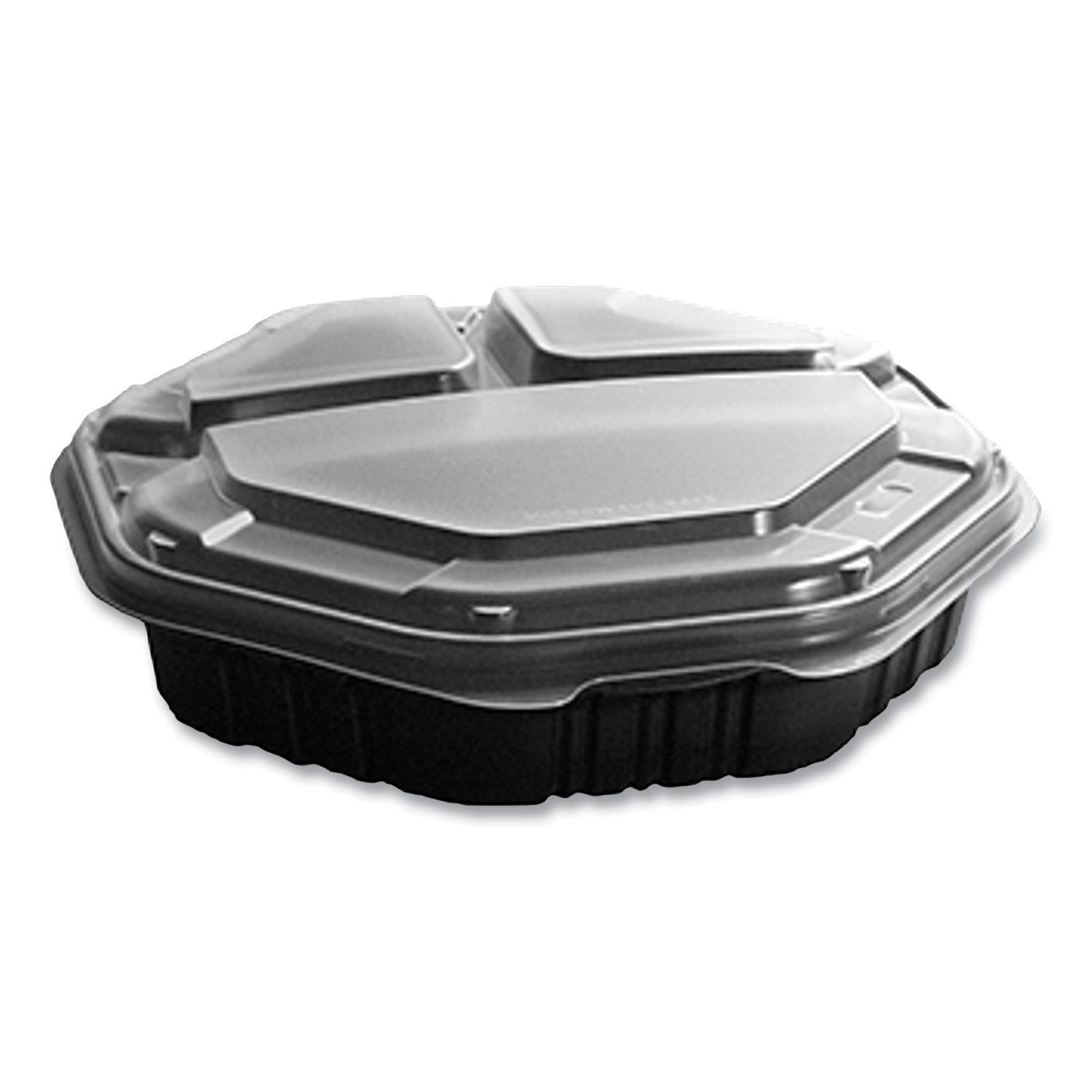 SOLO® OctaView Hinged-Lid Hot Food Containers, 3 Compartments, 38 oz, 9.55 x 9.1 x 2.4, Black/Clear, Plastic, 100/Carton