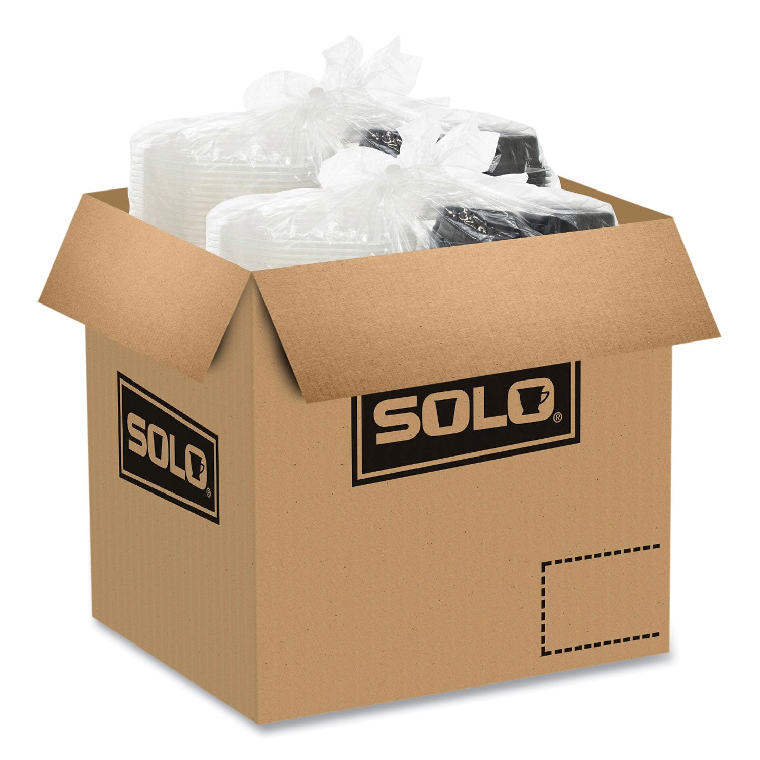 SOLO® OctaView Hinged-Lid Hot Food Containers, 3 Compartments, 38 oz, 9.55 x 9.1 x 2.4, Black/Clear, Plastic, 100/Carton