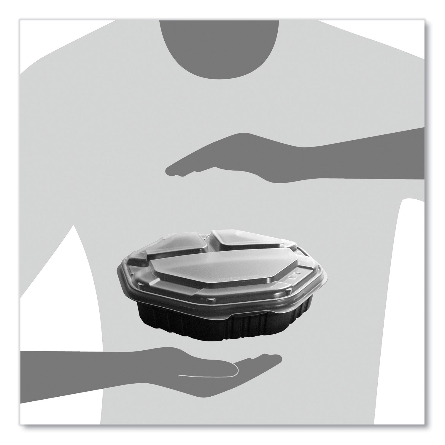 SOLO® OctaView Hinged-Lid Hot Food Containers, 3 Compartments, 38 oz, 9.55 x 9.1 x 2.4, Black/Clear, Plastic, 100/Carton