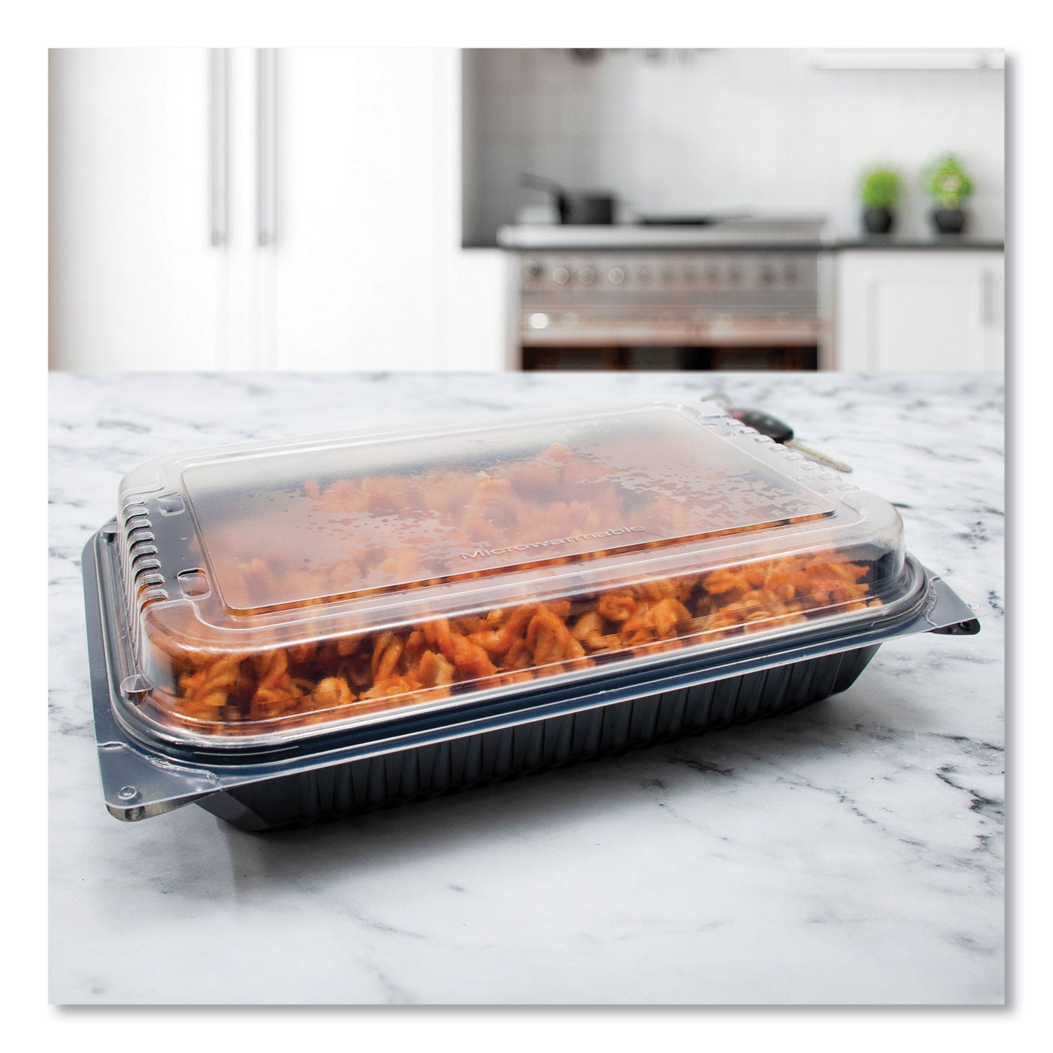 SOLO® Hinged-Lid Dinner Box, 64 oz, 11.5 x 8.1 x 3, Black/Clear, Plastic, 100/Carton