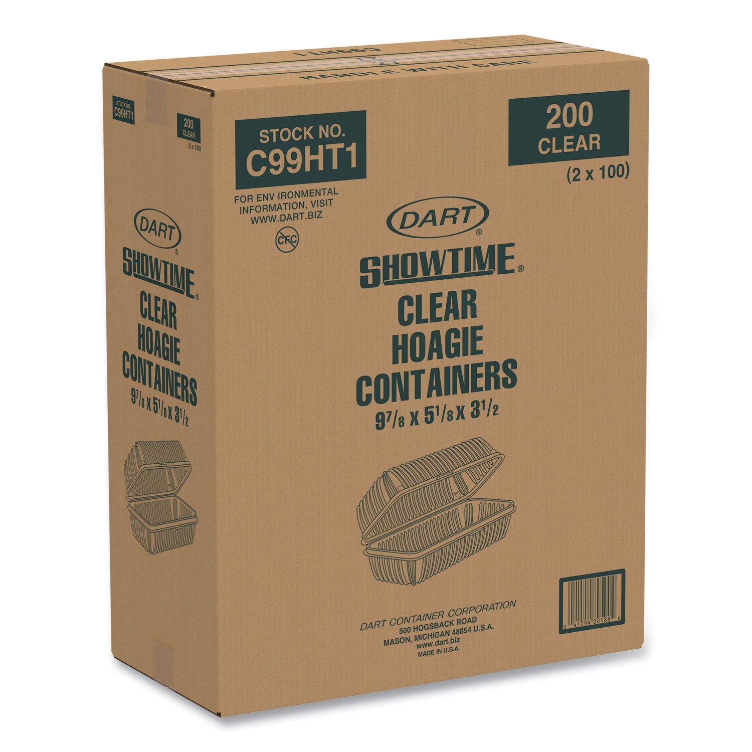 Dart® Showtime Clear Hinged Containers, Hoagie Container, 29.9 oz, 5.1 x 9.9 x 3.5, Clear, Plastic, 100/Bag, 2 Bags/Carton