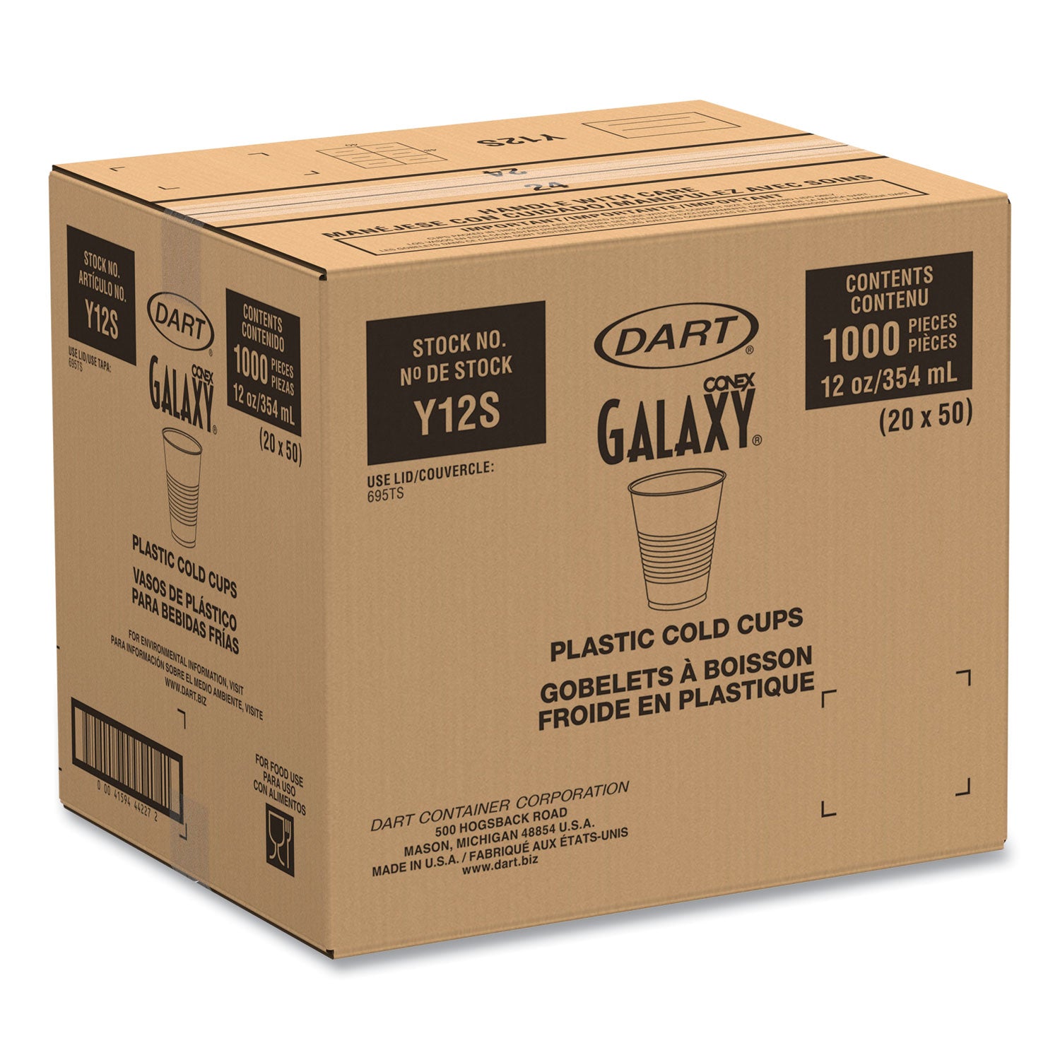 Dart® High-Impact Polystyrene Squat Cold Cups, 12 oz, Plastic, Translucent, 50/Sleeve, 20 Sleeves/Carton