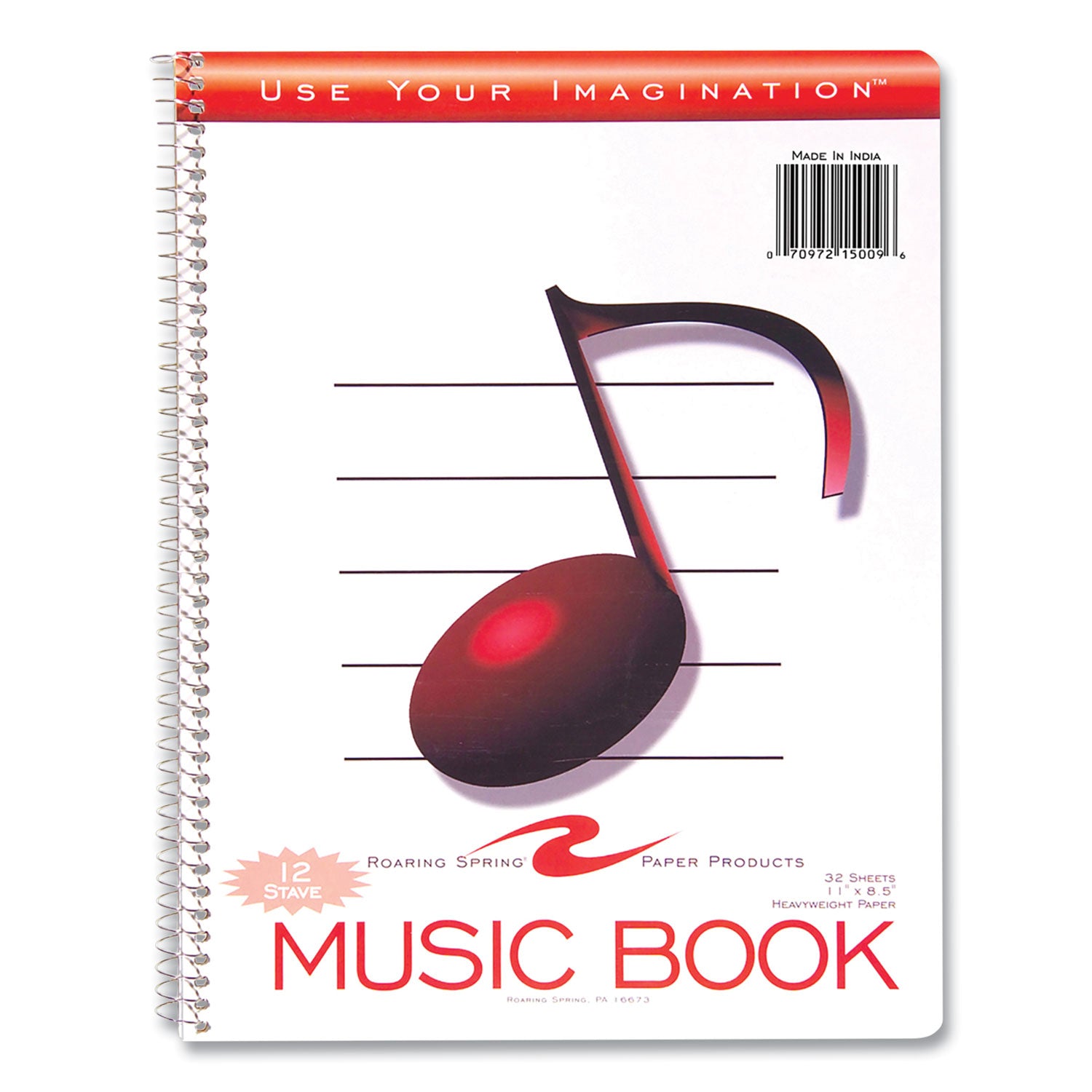 Roaring Spring® Music Notebook, Music Transcription Format, White Cover, (32) 11 x 8.5 Sheets, 24/Carton