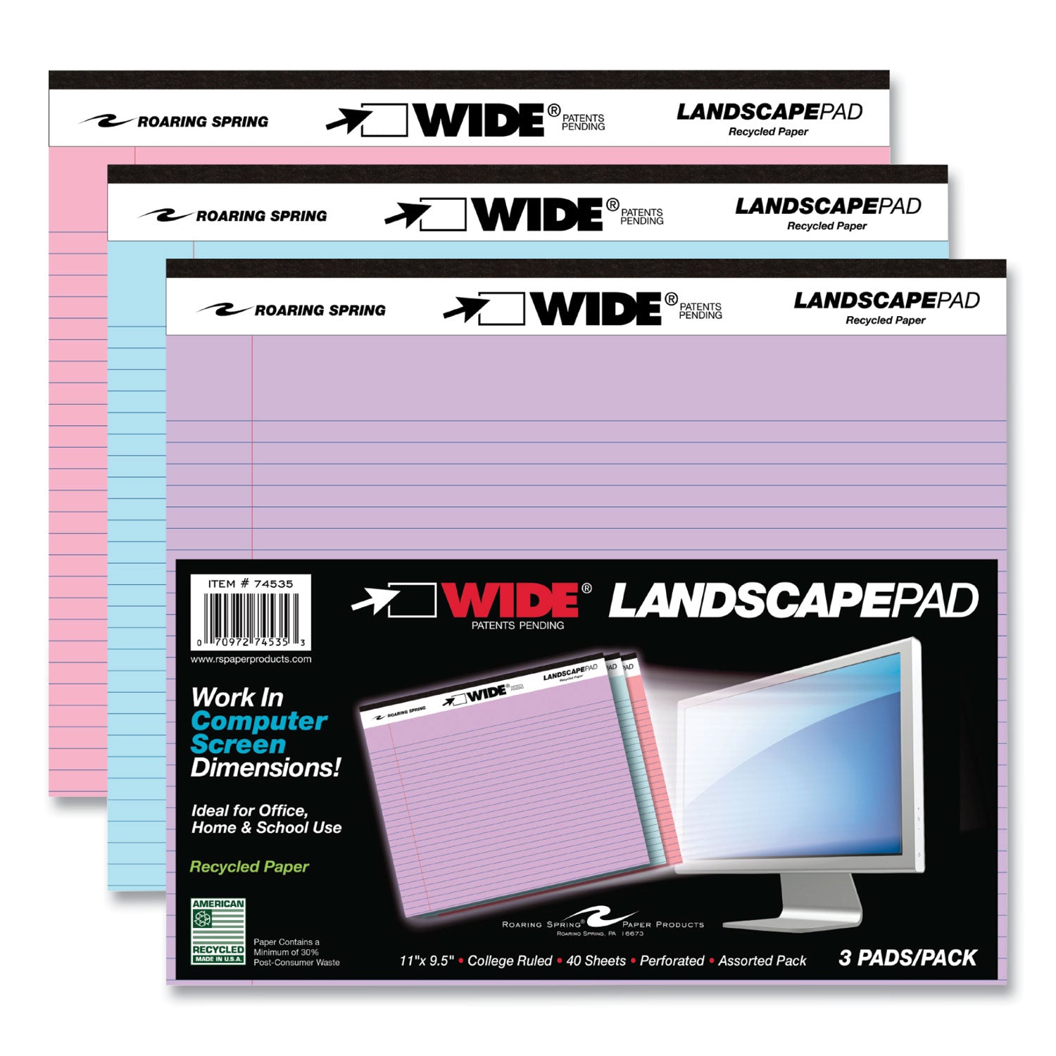 Roaring Spring® WIDE Landscape Format Writing Pad, Medium/College Rule, 40 Assorted Colors 11 x 9.5 Sheets, 12/Carton