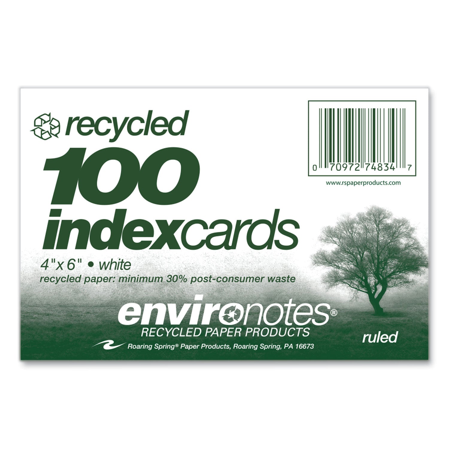 Roaring Spring® Environotes Recycled Index Cards, Narrow Ruled, 4 x 6, White, 100 Cards, 36/Carton