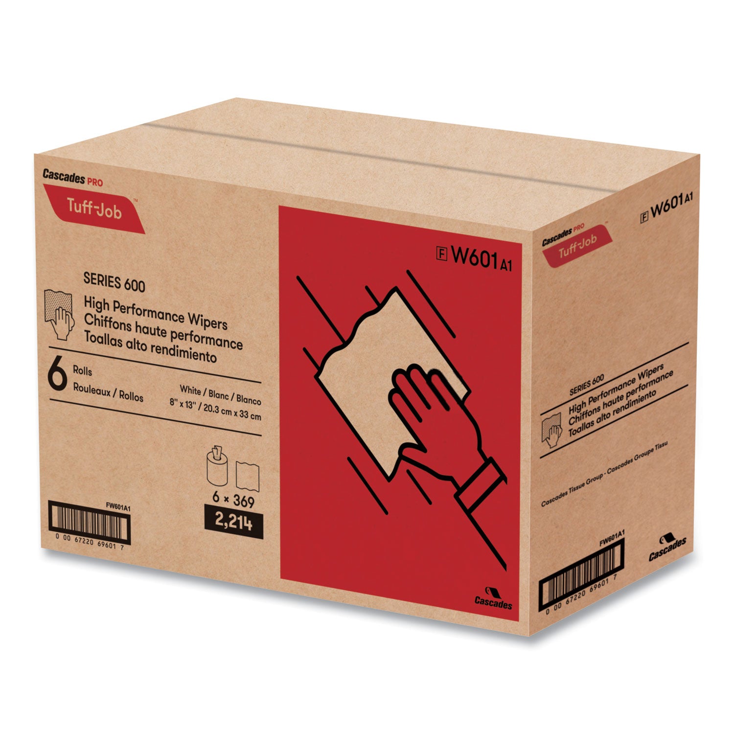 Cascades PRO Tuff-Job Spunlace Towels, Centerpull Roll, 8 x 13, White, 369 Sheets/Roll, 6/Carton