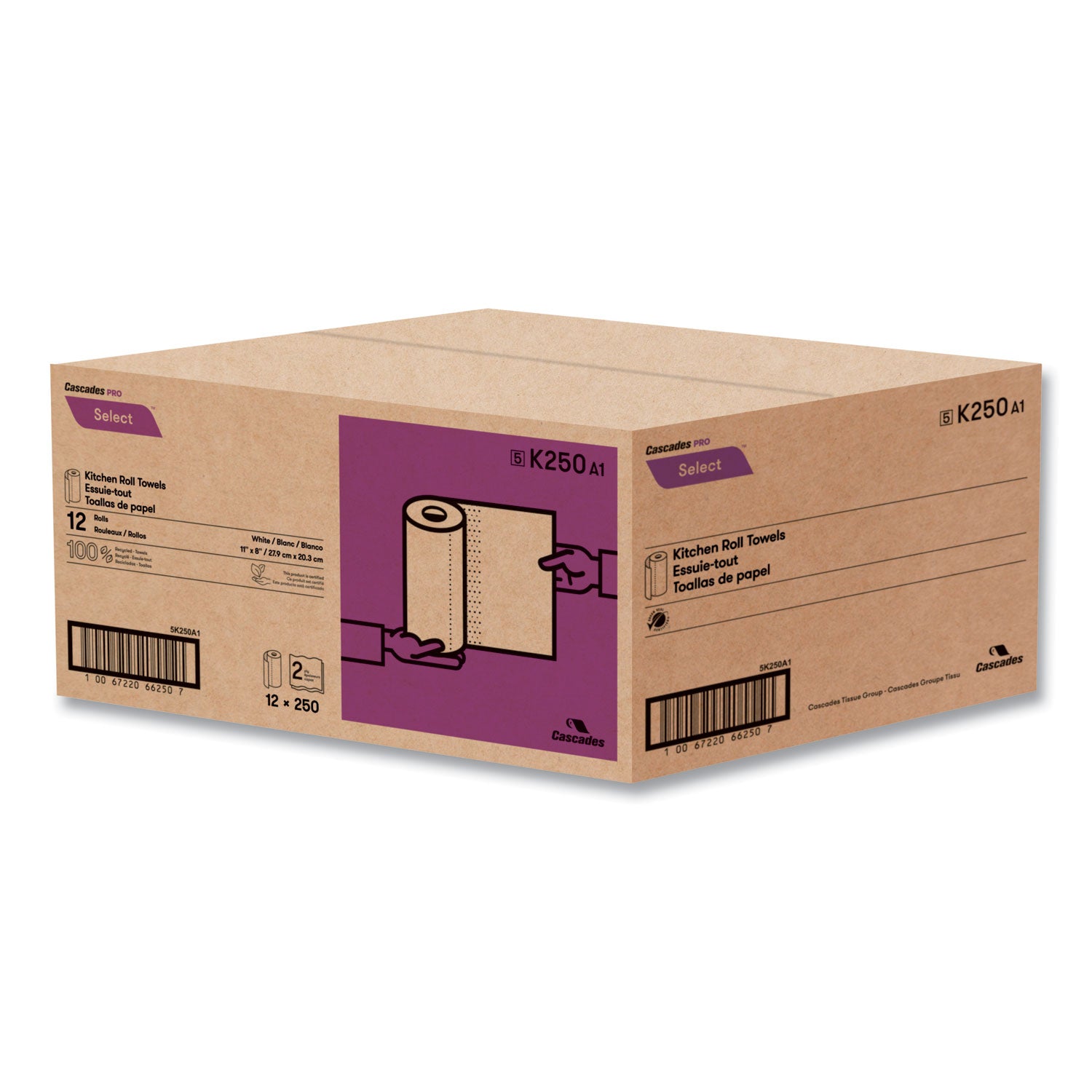 Cascades PRO Select Kitchen Roll Towels, 2-Ply, 8 X 11, 250/roll, 12/carton