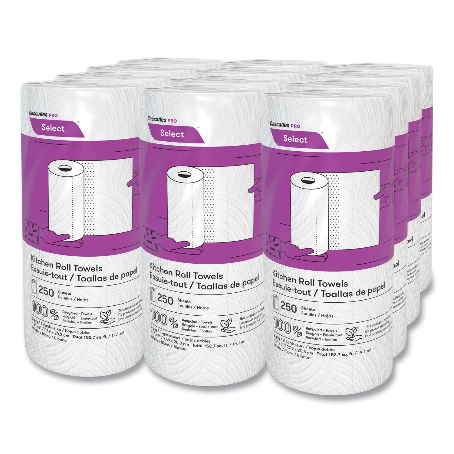 Cascades PRO Select Kitchen Roll Towels, 2-Ply, 8 X 11, 250/roll, 12/carton