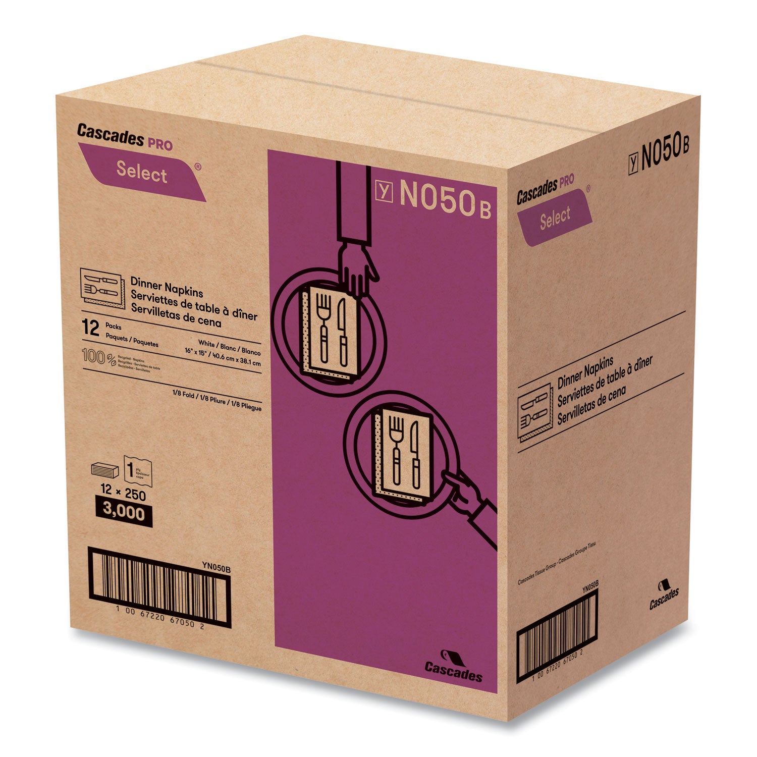 Cascades PRO Select Dinner Napkins, 1-Ply, White, 15.5 X 16, 250/pack, 12/carton