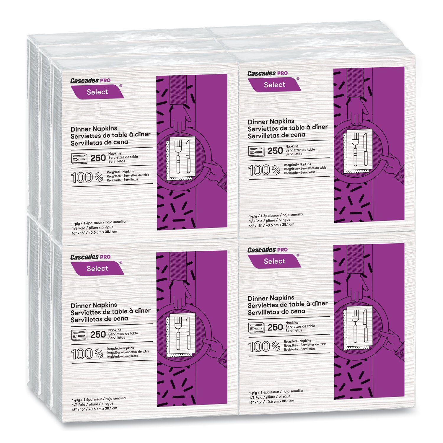 Cascades PRO Select Dinner Napkins, 1-Ply, White, 15.5 X 16, 250/pack, 12/carton