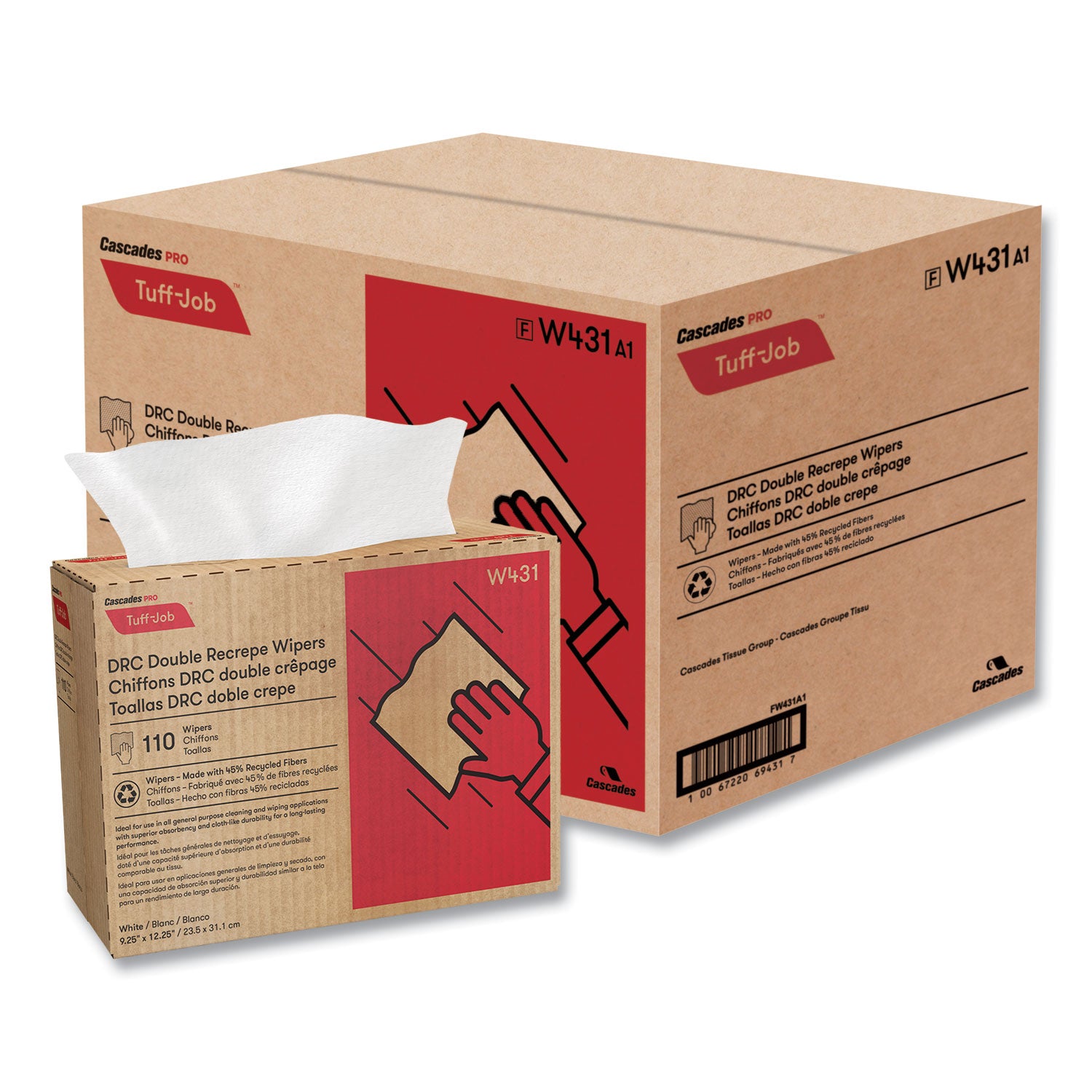 Cascades PRO Tuff-Job Double Recrepe Wipers, 9.25 x 12.5, White, 110/Box, 12 Boxes/Carton