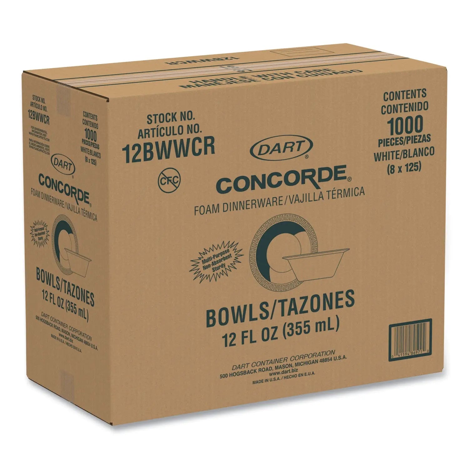 Concorde Foam Bowl, 10, 12 oz, White, 125/Pack, 8 Packs/Carton Dart® Flipcost