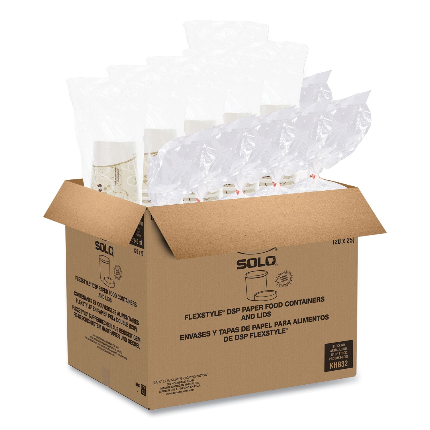 SOLO® Flexstyle Double Poly Food Combo Packs, 32 oz, Symphony, Paper, 25 Cups and 25 Lids/Pack, 10 Packs/Carton