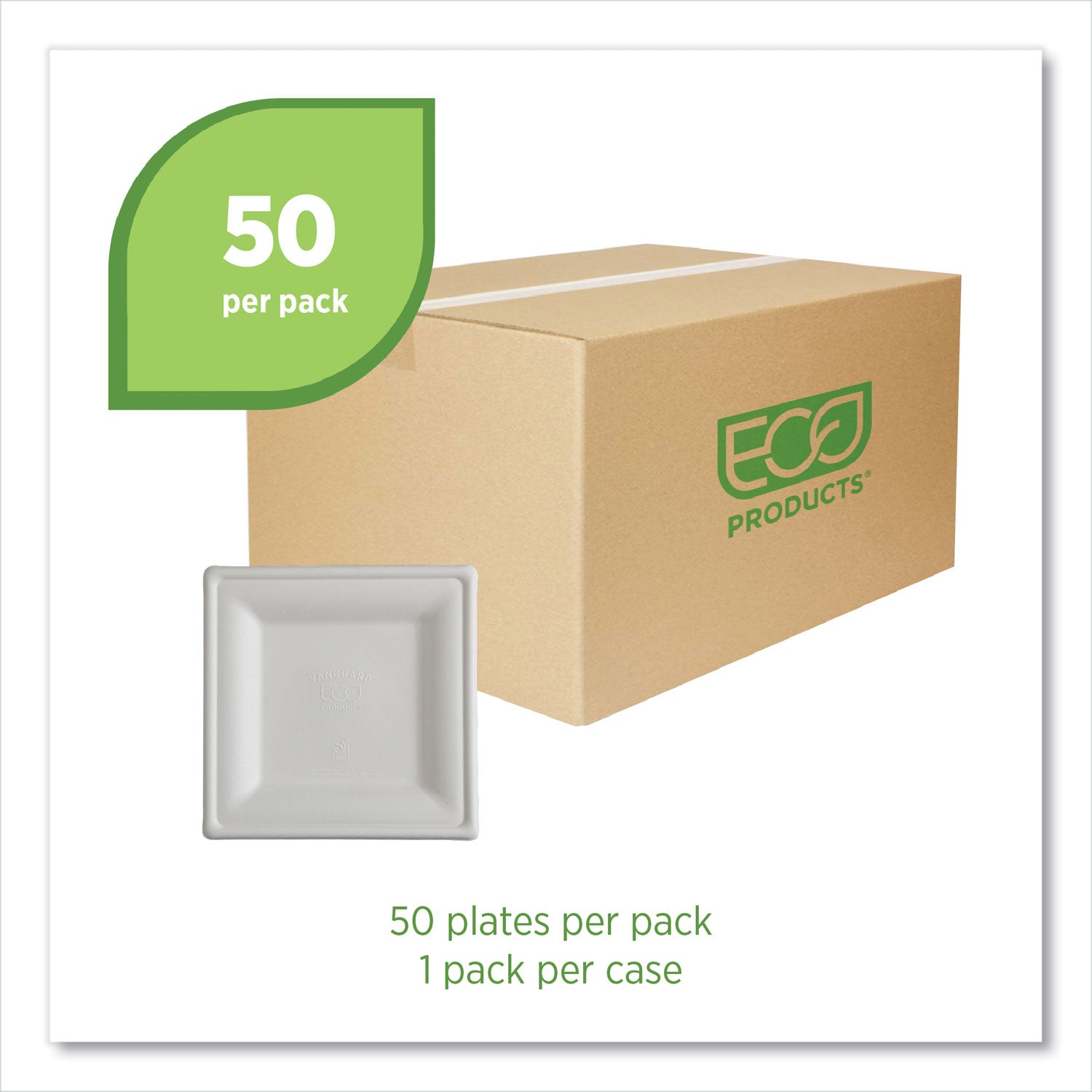 Eco-Products® Vanguard Renewable and Compostable Sugarcane Plates, 10 x 10, White, 250/Carton