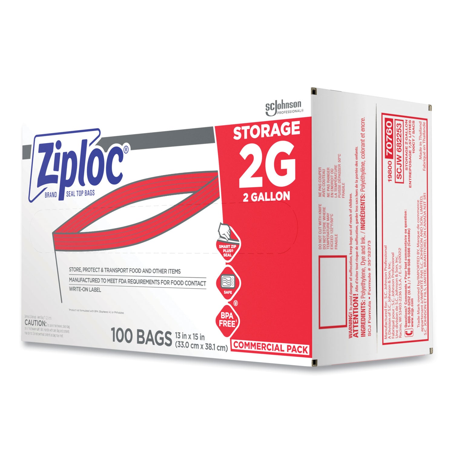 Ziploc® Double Zipper Storage Bags, 2 Gallon, 15" x 13", Clear, 100/Carton