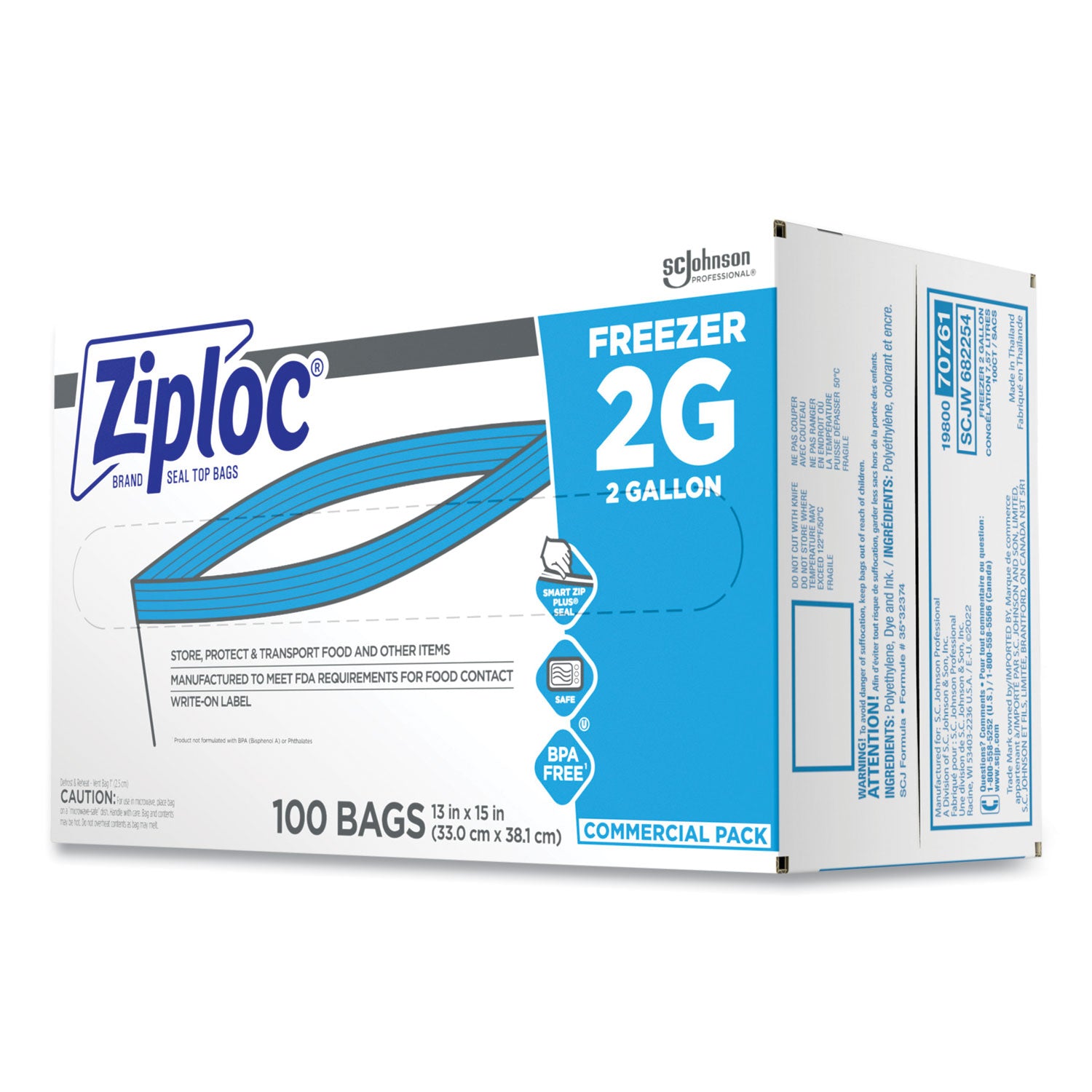 Ziploc® Zipper Freezer Bags, 2 gal, 13" x 15.5", Clear, 100/Carton