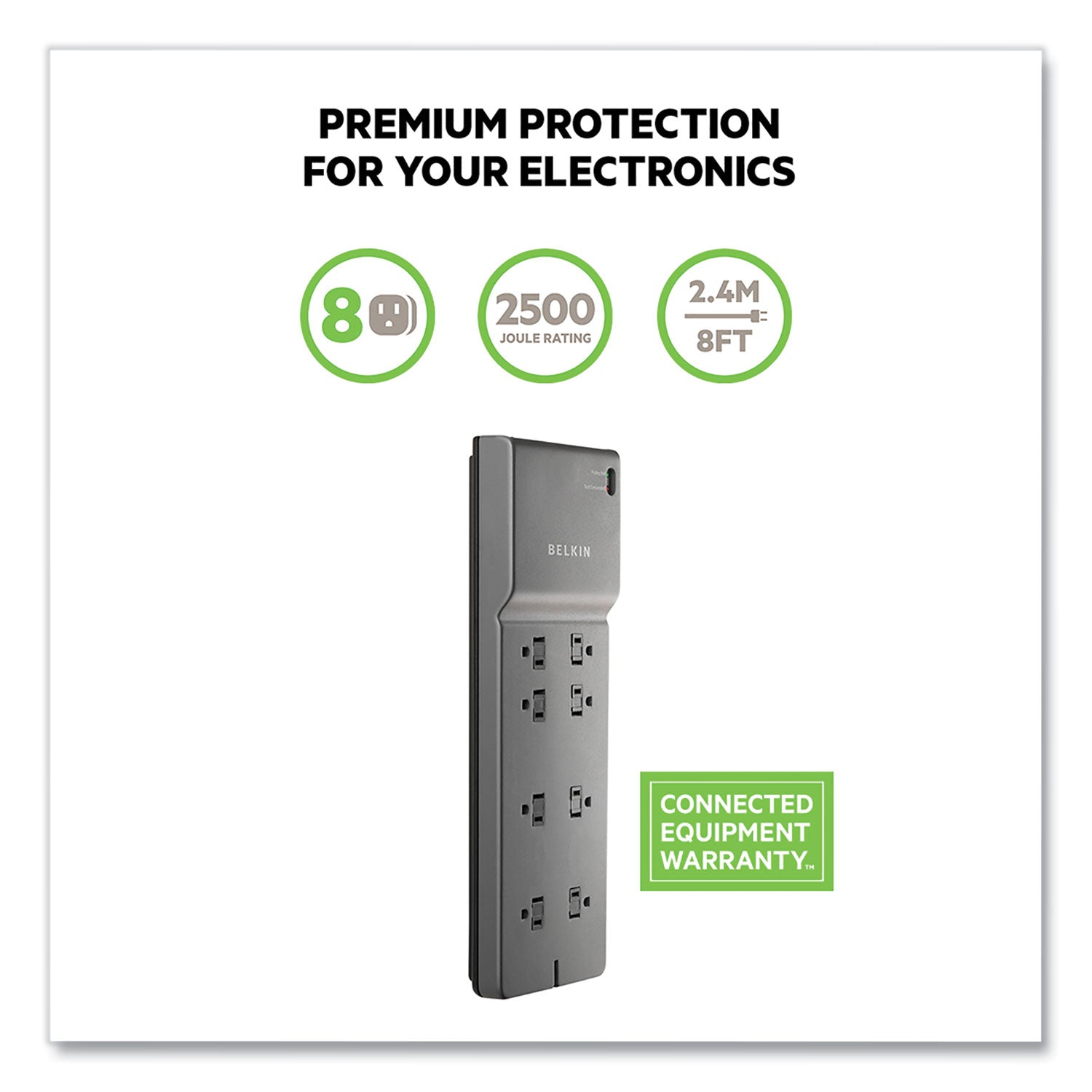 Belkin® Home/Office Surge Protector, 8 AC Outlets, 8 ft Cord, 2,500 J, Black