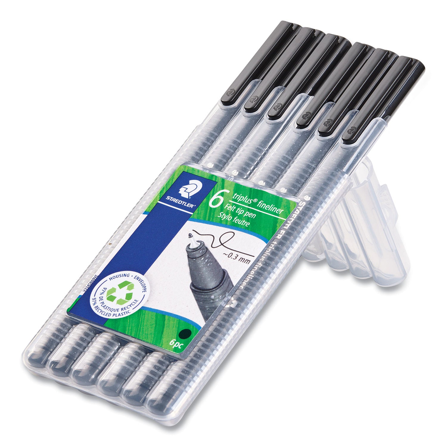 Staedtler® Triplus Fineliner Porous Point Pen, Stick, Fine 0.3 mm, Black Ink, Clear Barrel, 6/Pack